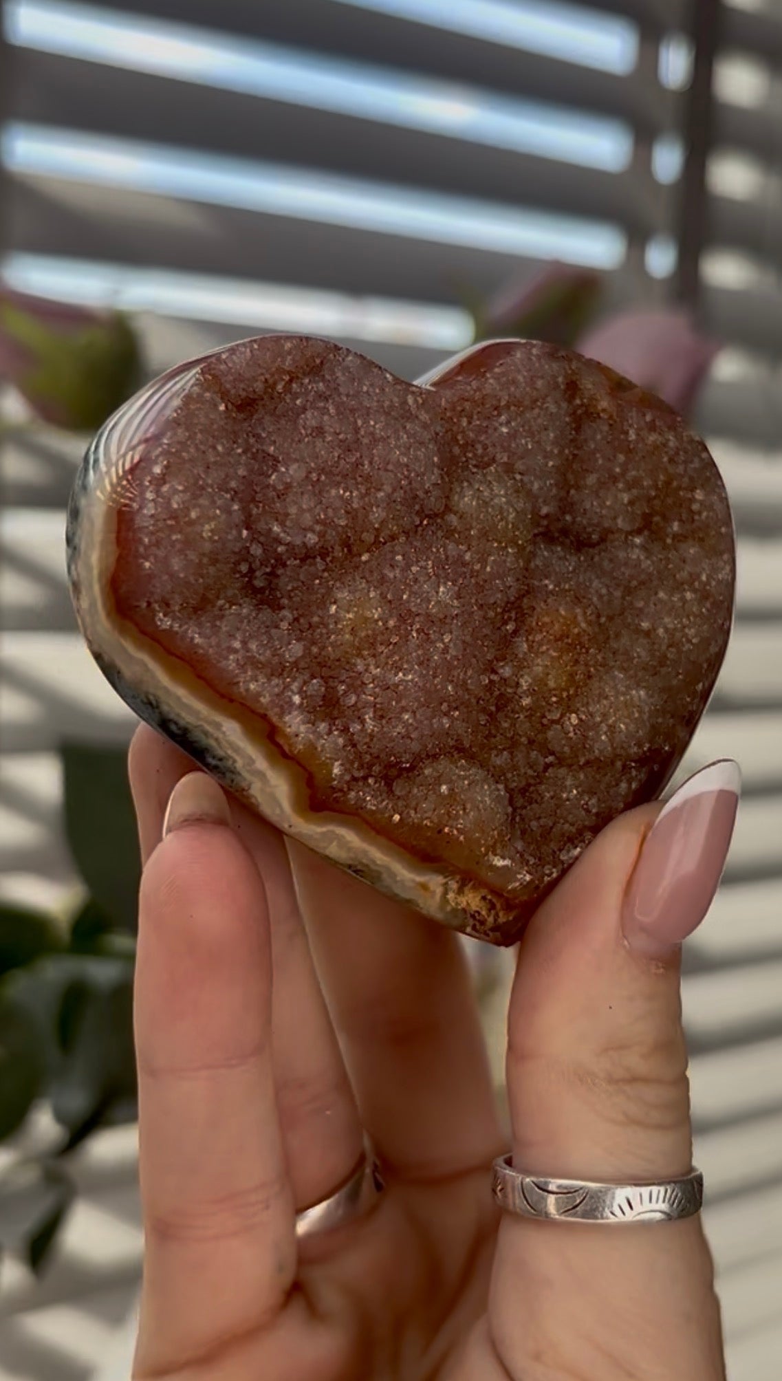 Uruguay, rainbow amethyst heart - comes with stand