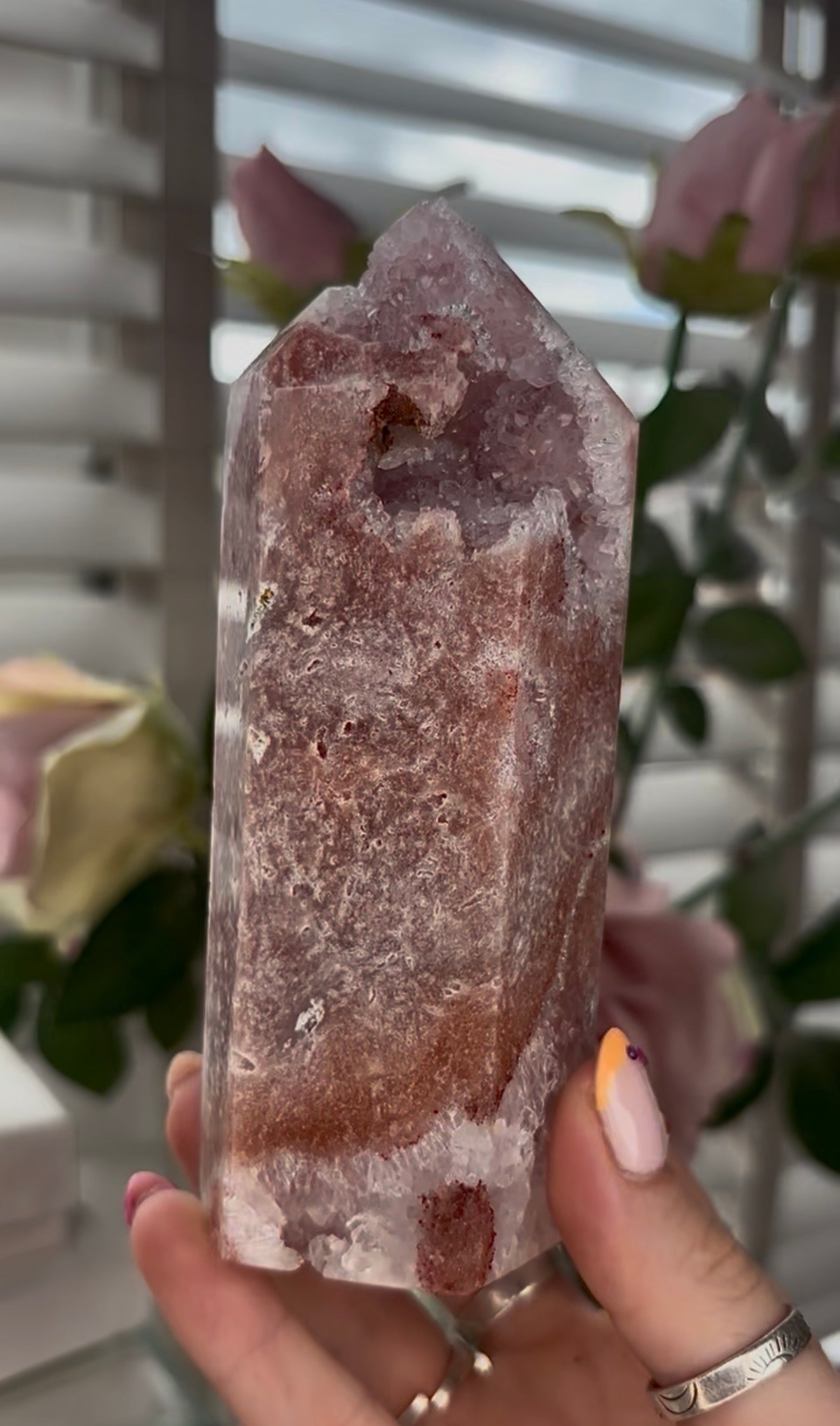 Pretty, Pink amethyst tower with quartz druzy