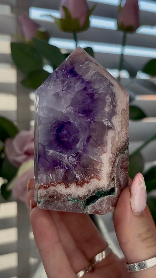 Beautiful, high quality, Pink amethyst tower with purple quartz & Green jasper 9cm