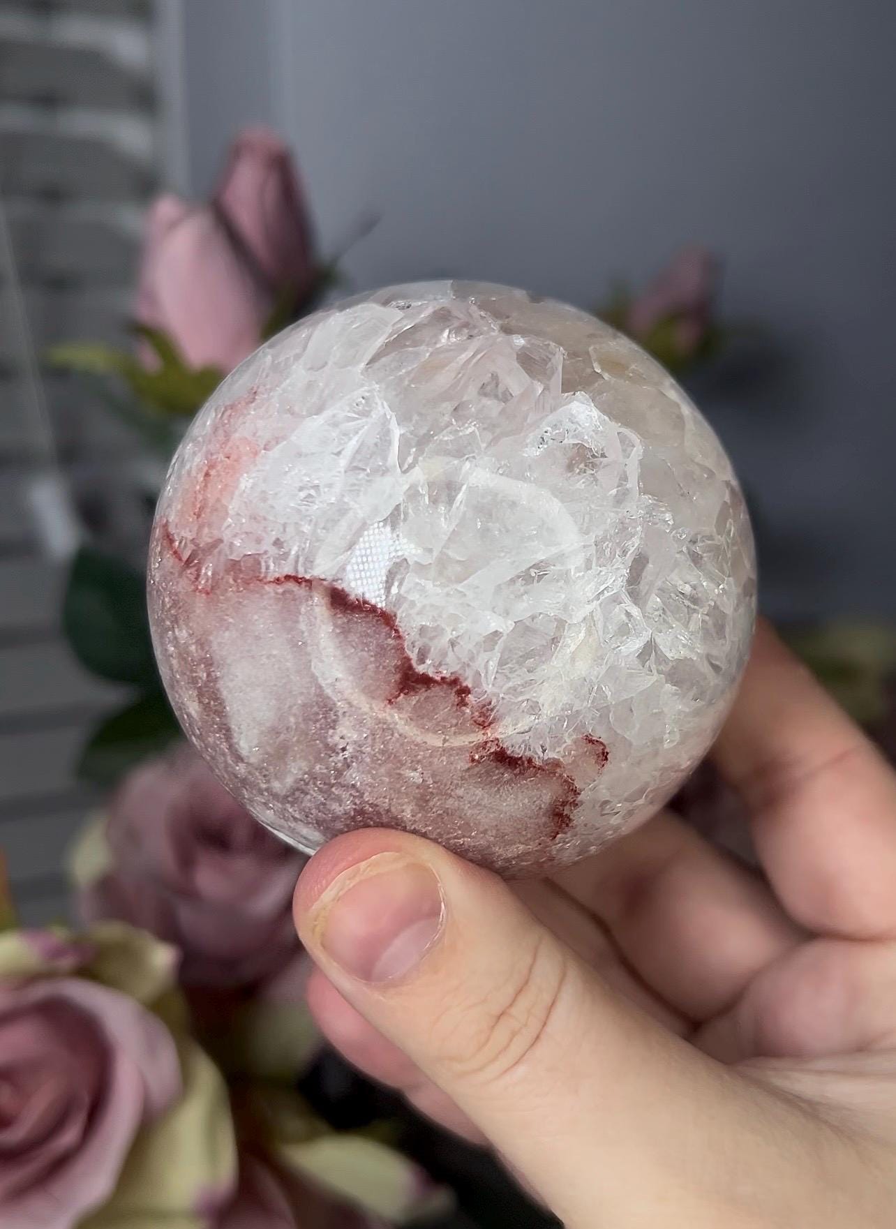 High grade, pink amethyst sphere with quartz 568g
