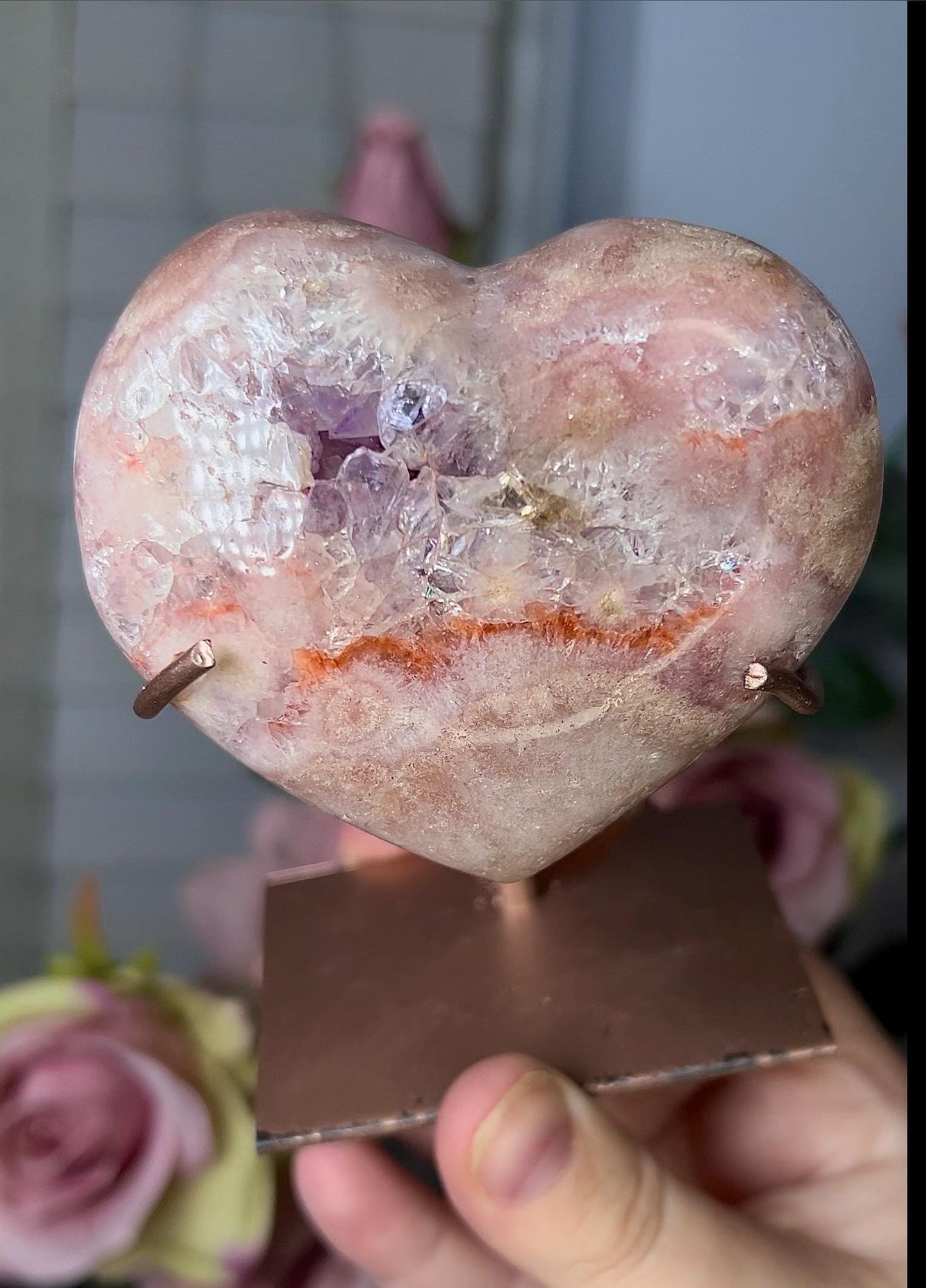 High grade, pink amethyst heart with purple quartz & hematite lining with stand
