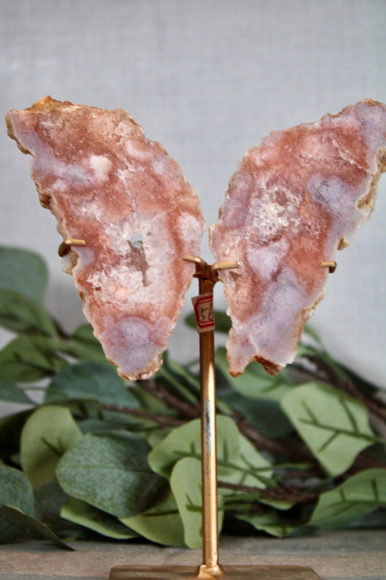 Pink amethyst x flower agate slab butterfly wings on stand