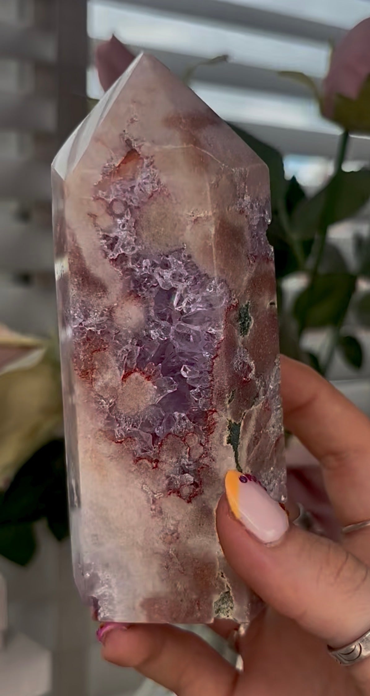 Pretty, Pink amethyst tower, with purple quartz druzy