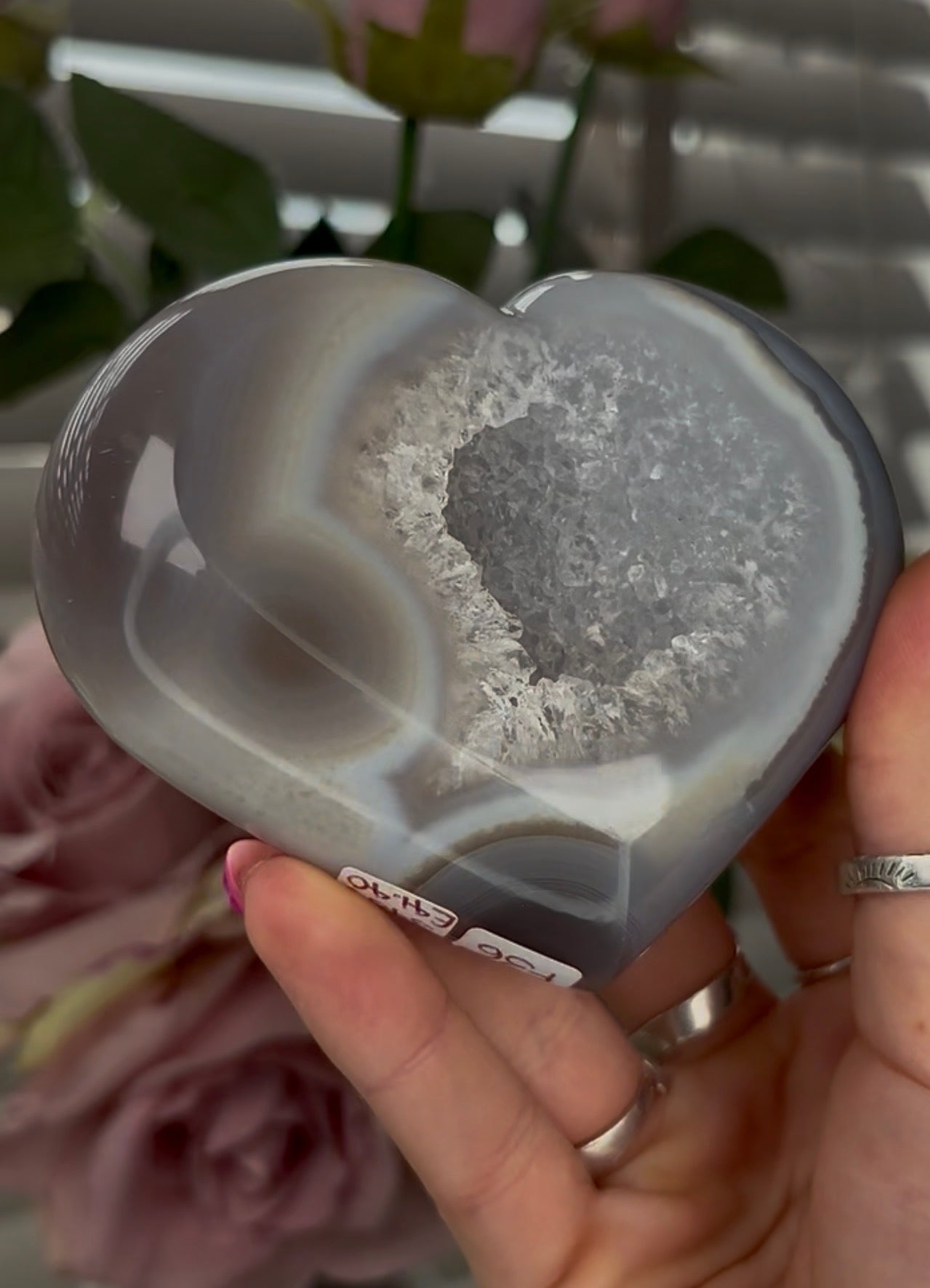 Beautiful, high grade, agate heart with druzy - comes with stand