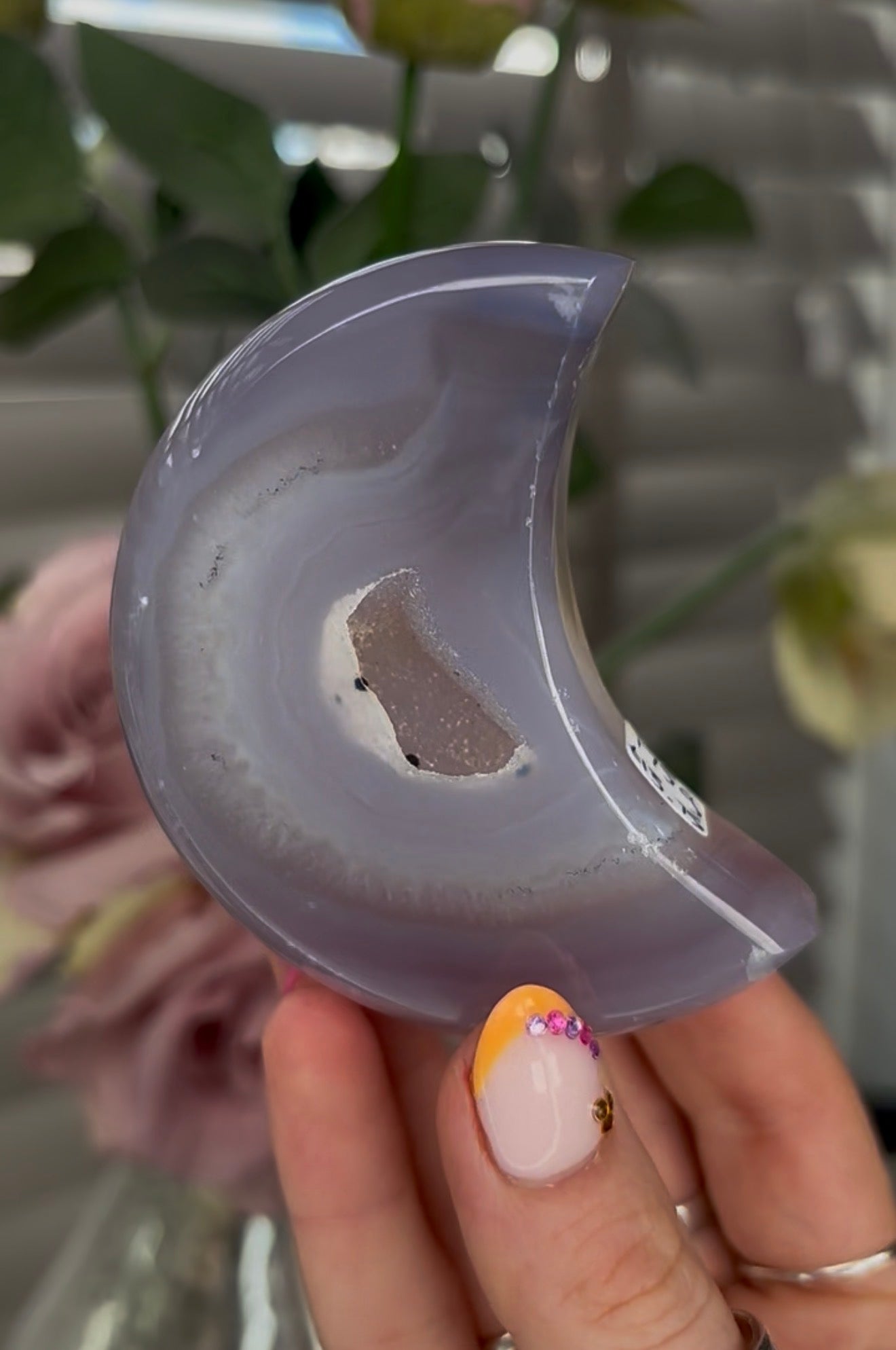 Beautiful, agate moon with druzy - stand included