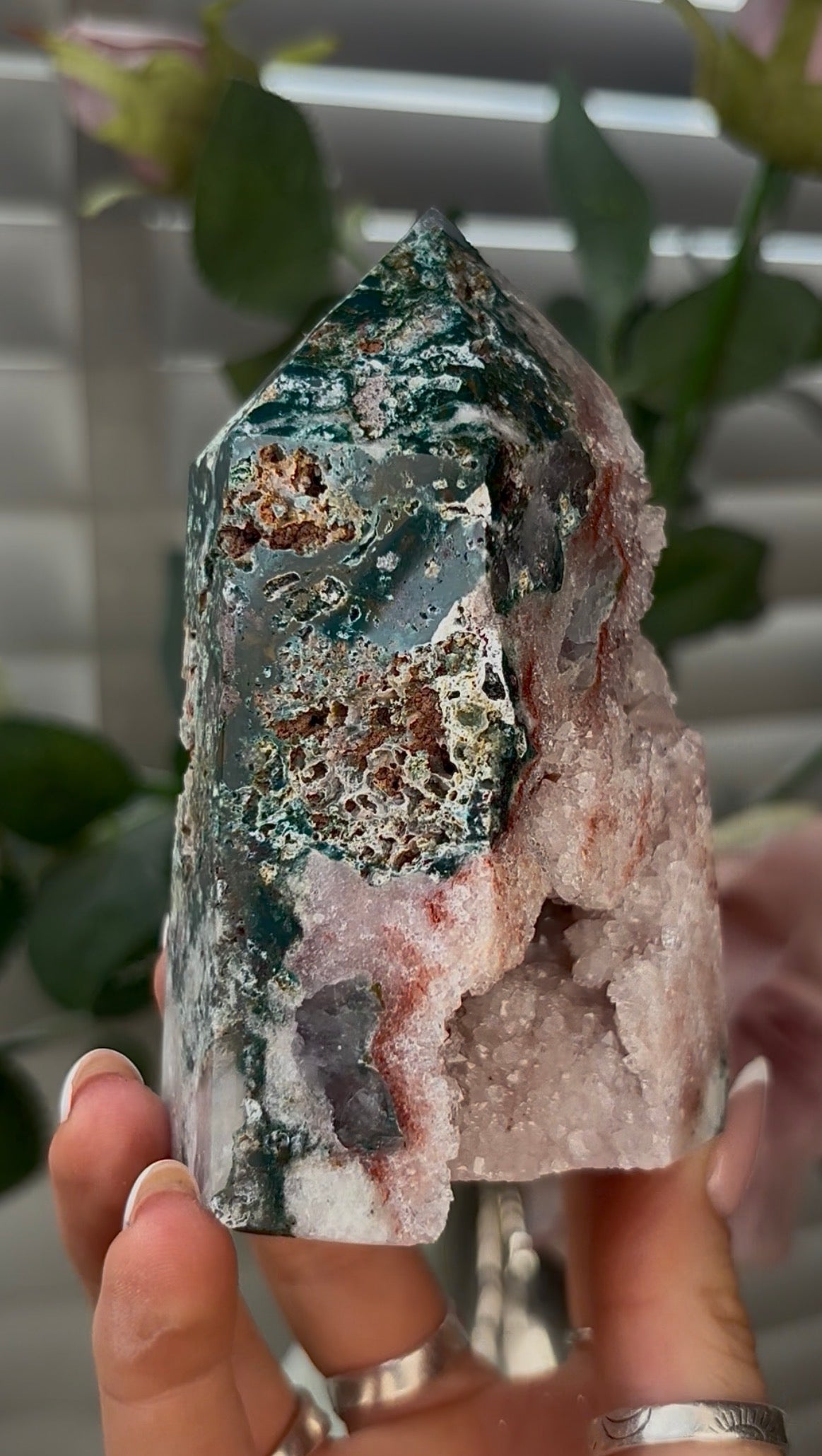 Beautiful, high quality, Pink amethyst tower with Jasper 10.2cm(h) by 6.5cm(w)