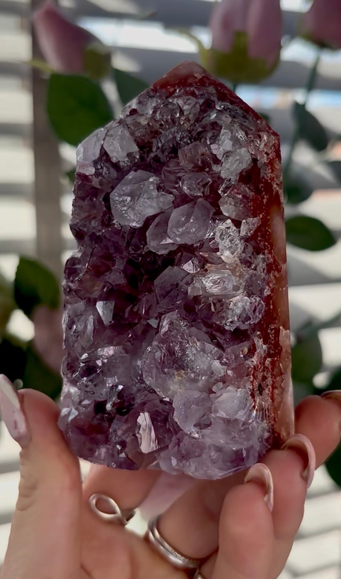 Beautiful, high quality, Pink amethyst tower with purple quartz & green jasper
