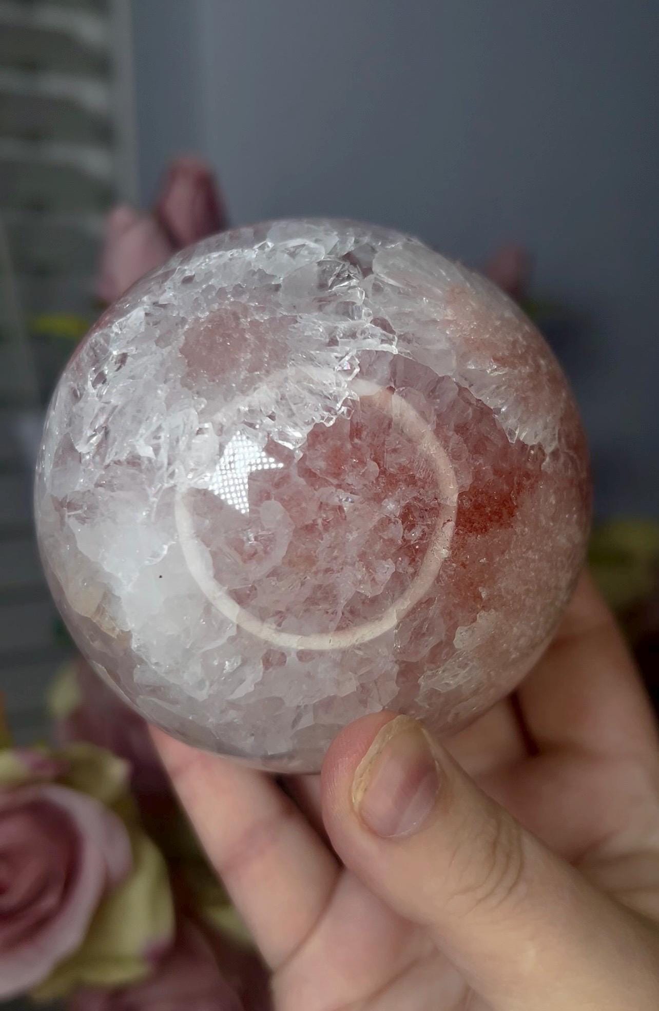 High grade, pink amethyst sphere with quartz and flower formations 928g
