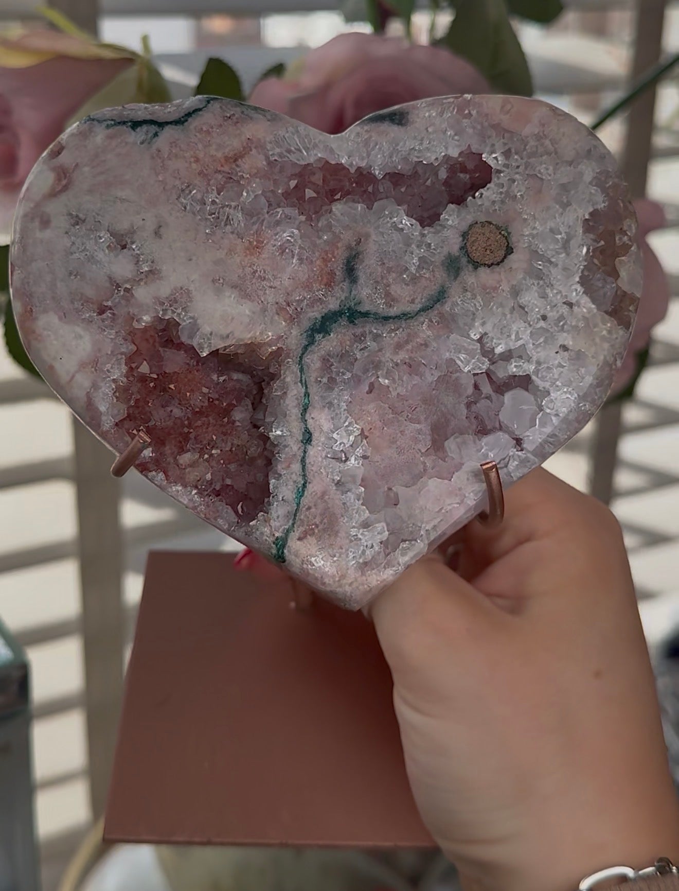 Hq pink amethyst heart with Jasper - comes with stand