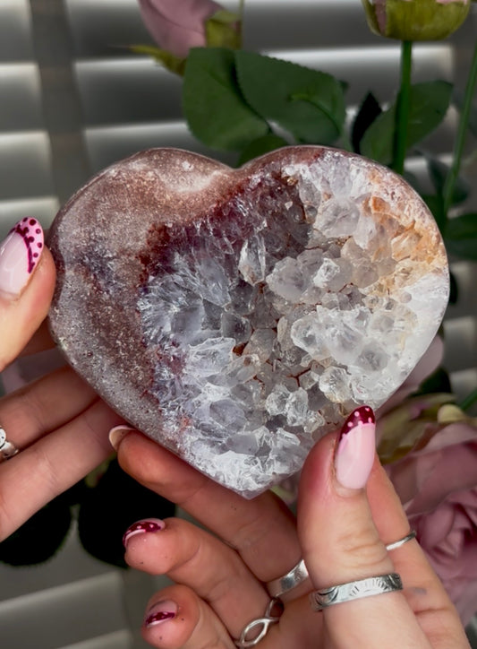 pink amethyst heart with quartz Druze- comes with stand