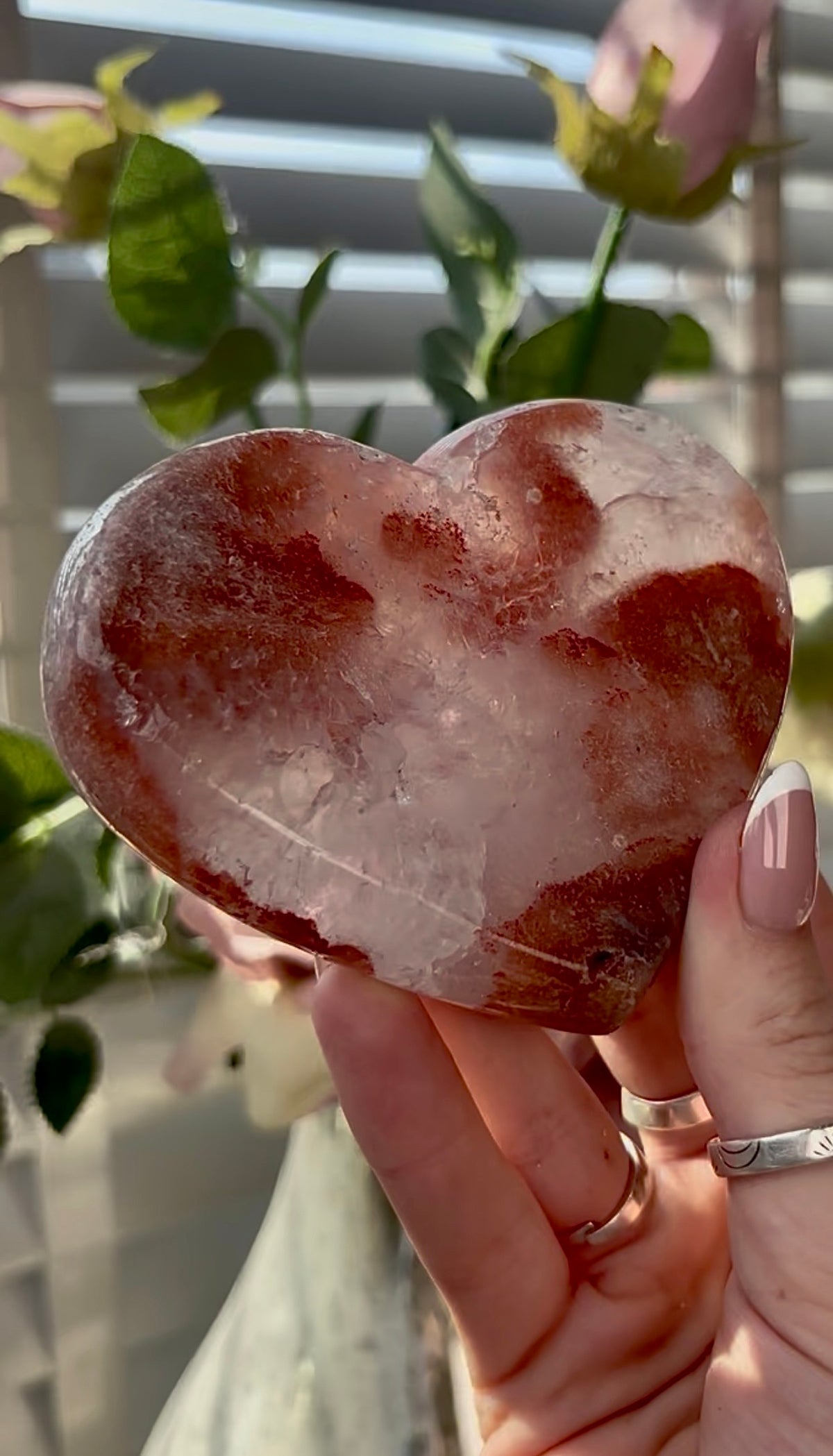 Gorgeous, high quality, berry red, pink amethyst heart with quartz- comes with stand