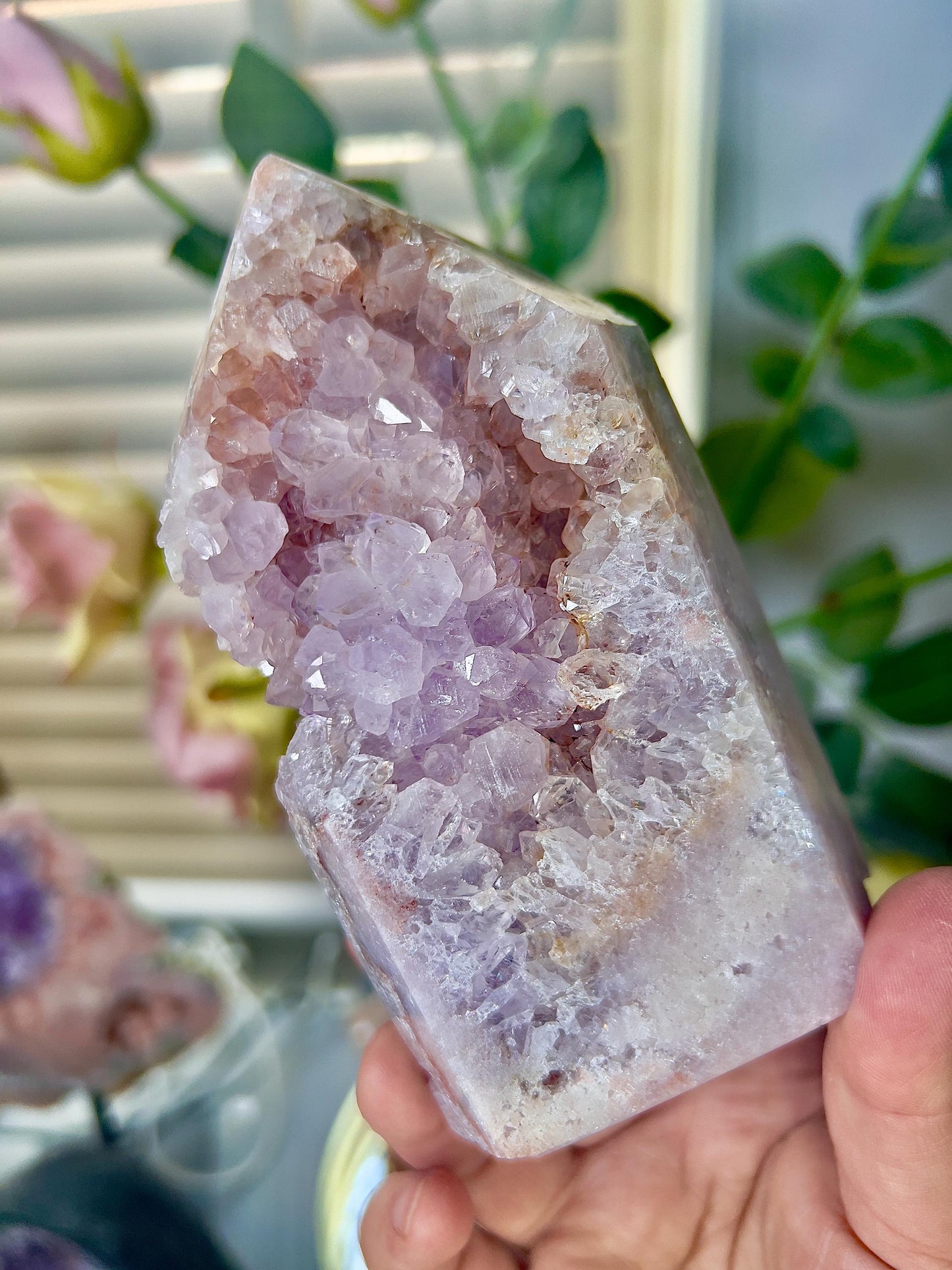 pink amethyst, Chonky with quartz druzy tower 640g
