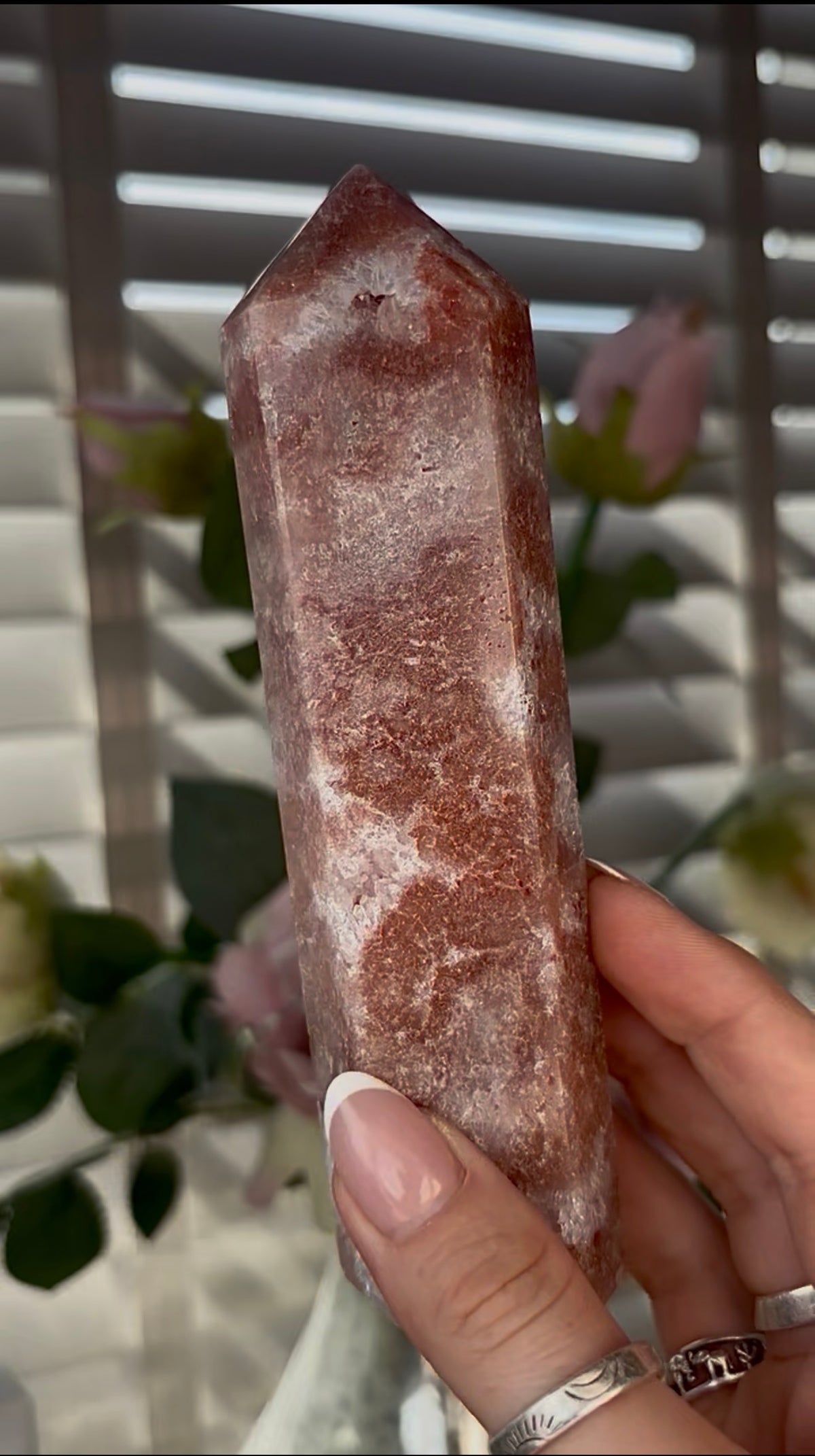 Beautiful, high quality, Pink amethyst tower 15.2cm(h) by 4cm(w)