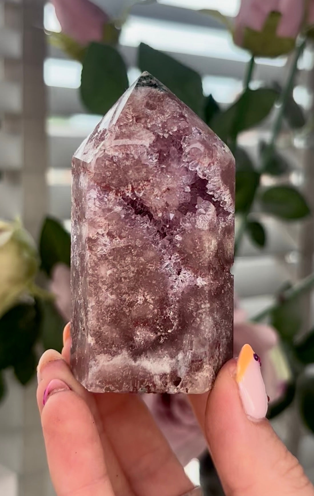 Beautiful, Pink amethyst tower with quartz druzy