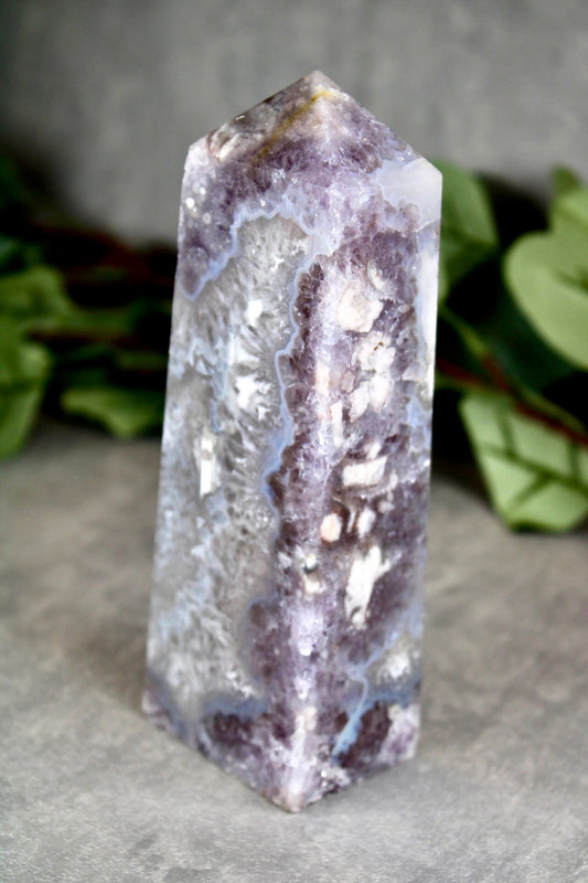 New find! Rare find! Gorgeous, chlorite, green flower agate with amethyst tower