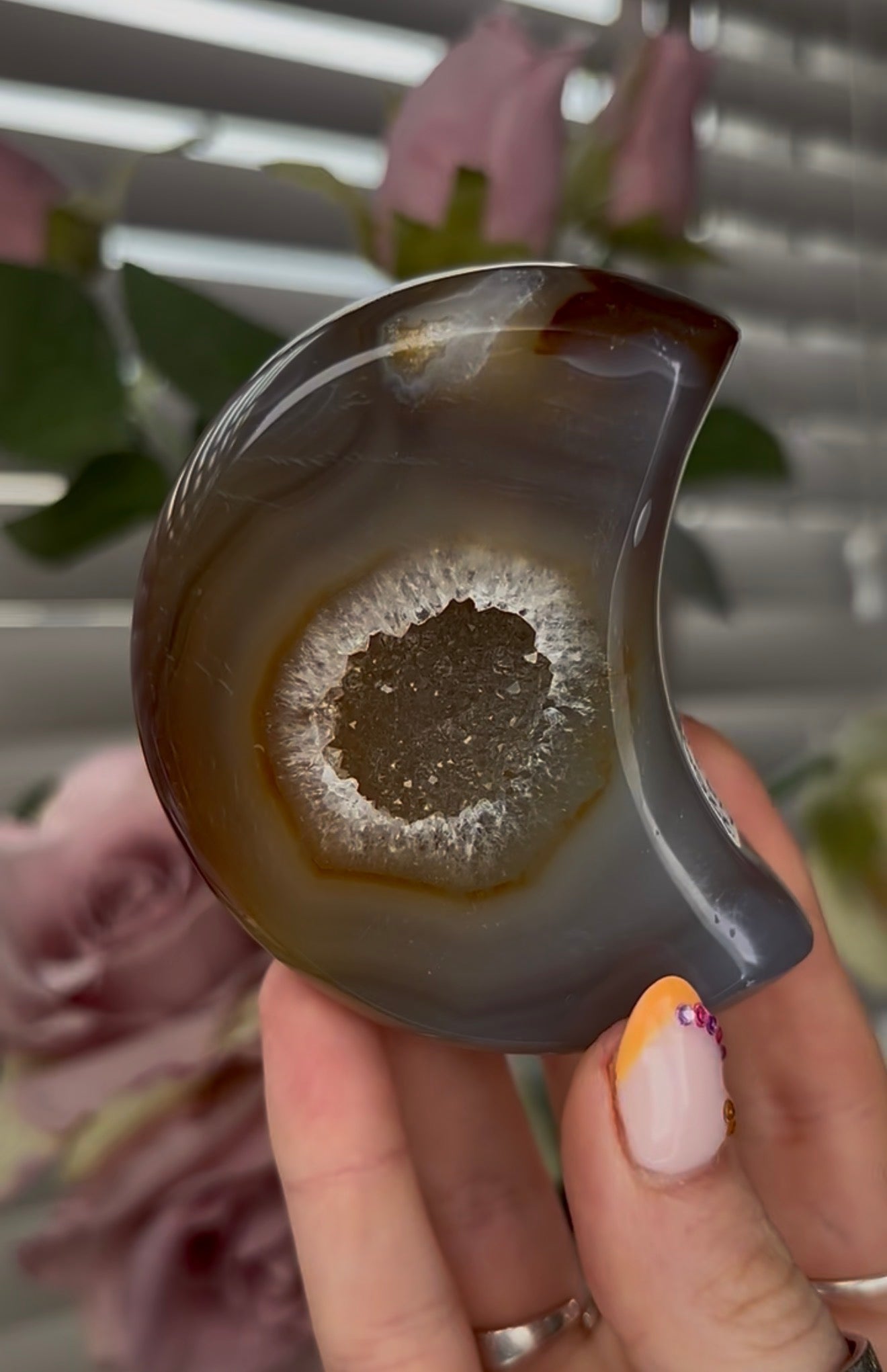 Beautiful, high grade, agate moon with druzy - comes with stand