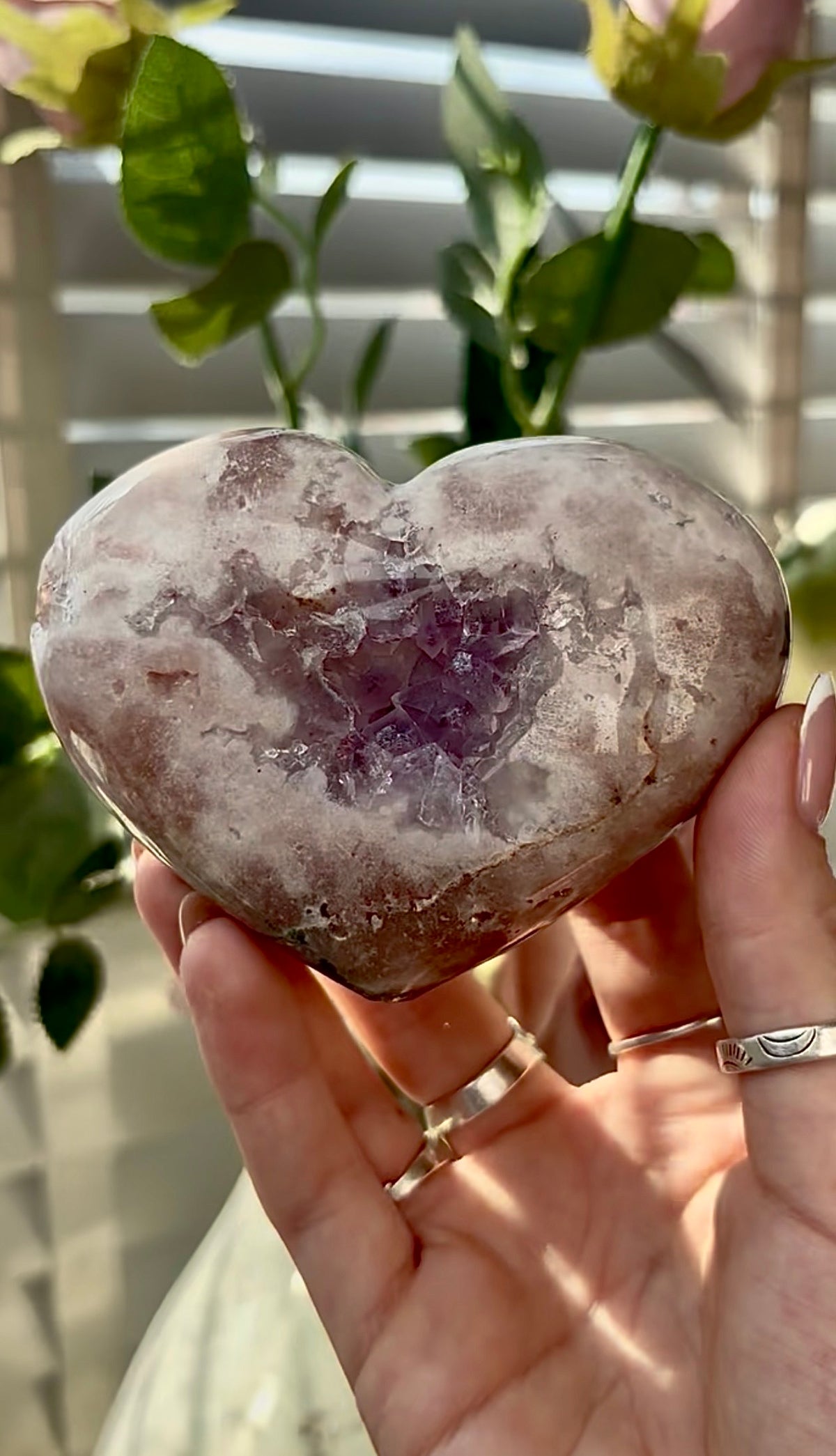Gorgeous, pink amethyst  heart with Jasper -comes with stand