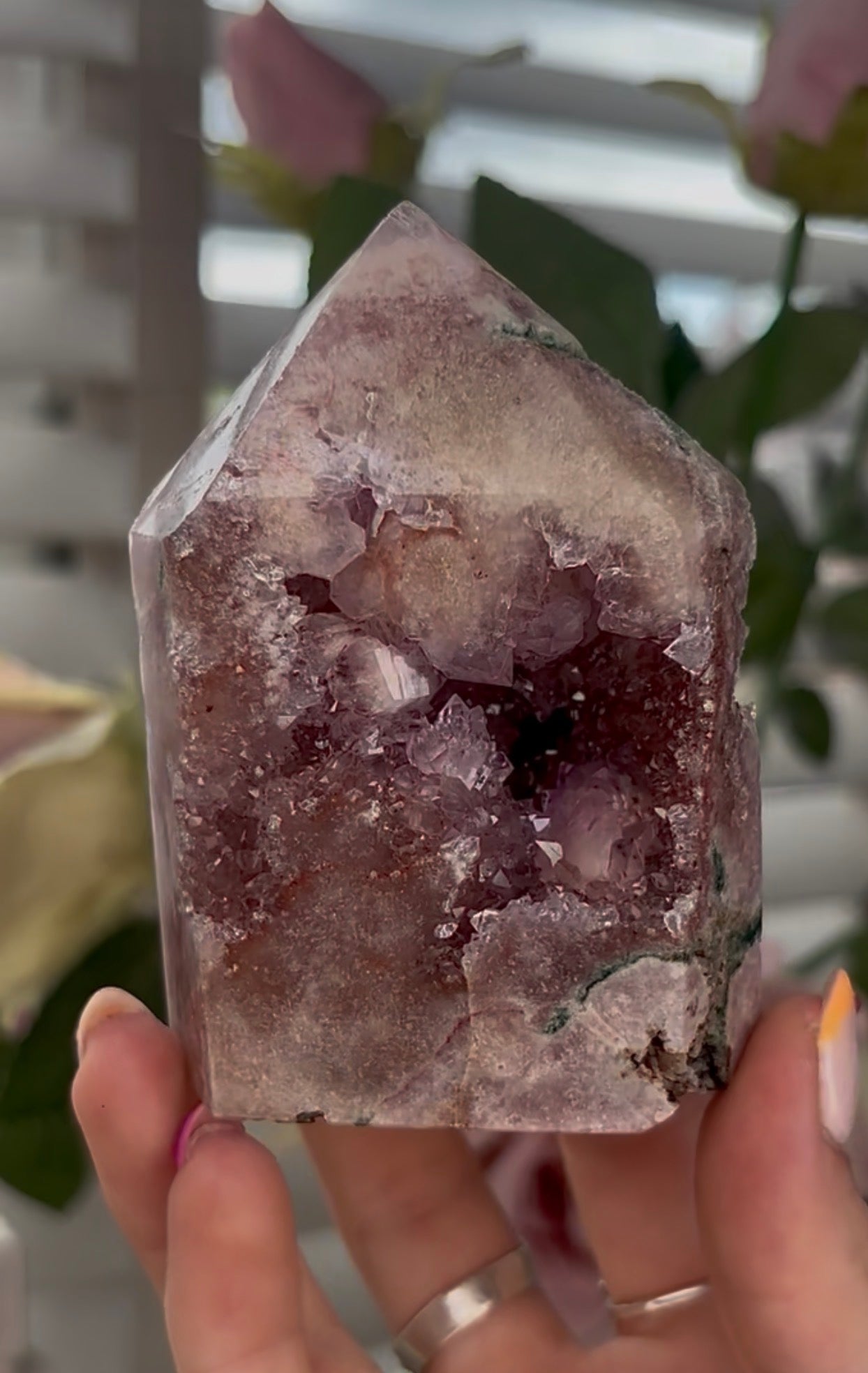 Pretty, high quality, Pink amethyst tower, with lilac quartz druzy