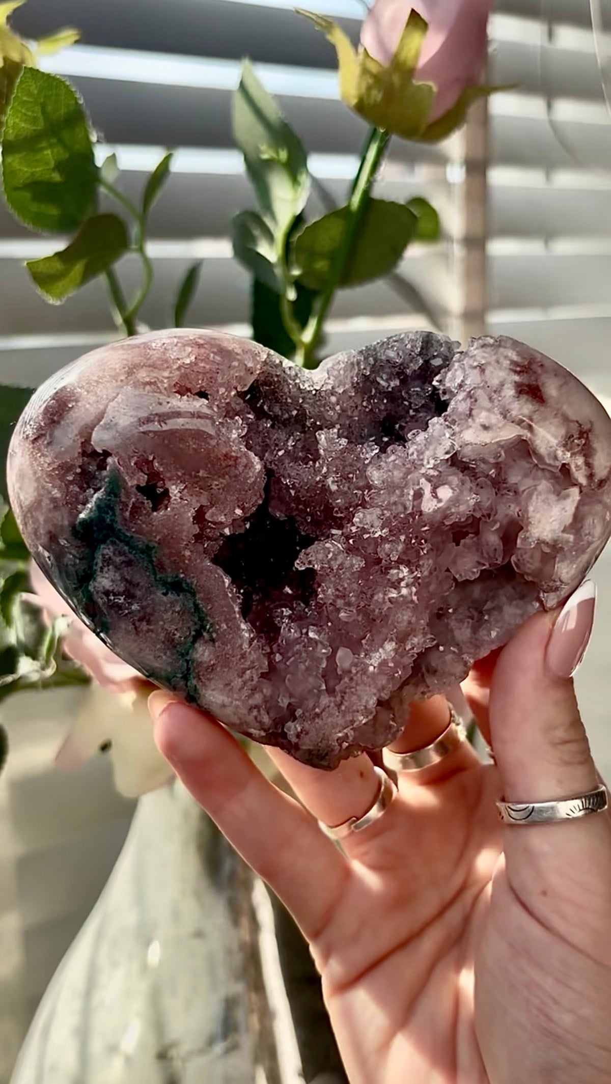 Gorgeous, pink amethyst  heart with Jasper -comes with stand