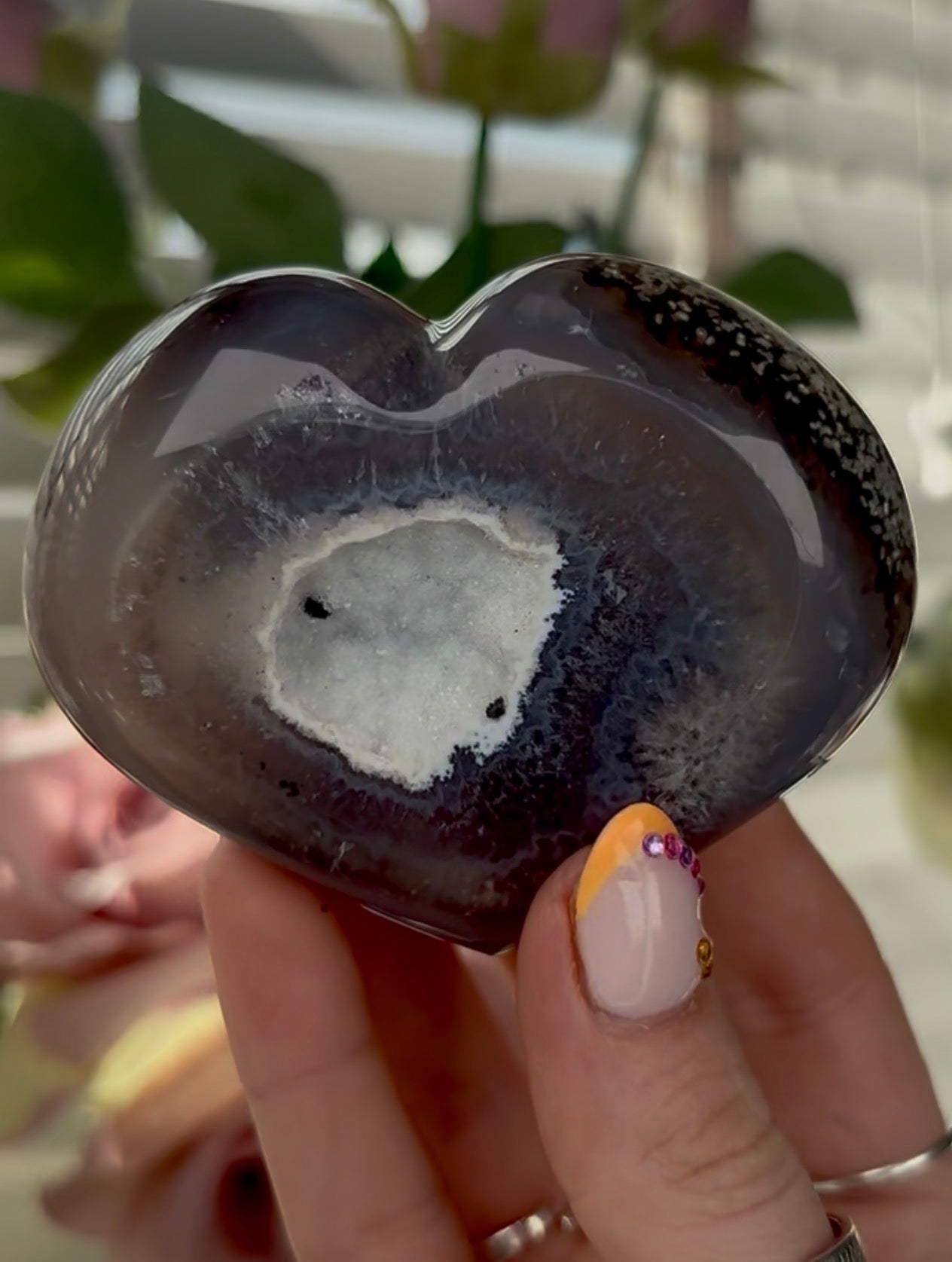 Beautiful, high quality, blue agate heart  with sugar druzy - stand included