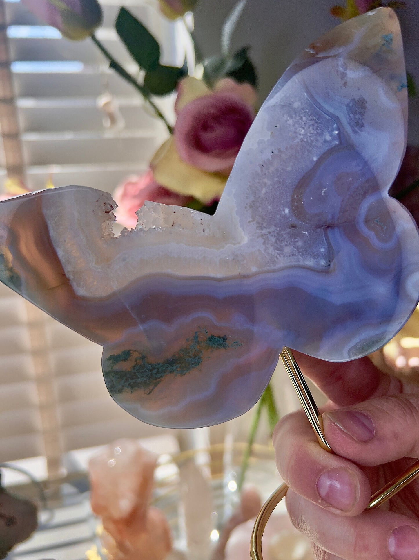 High grade, blue moss agate & quartz, butterfly with, gold pedestal stand