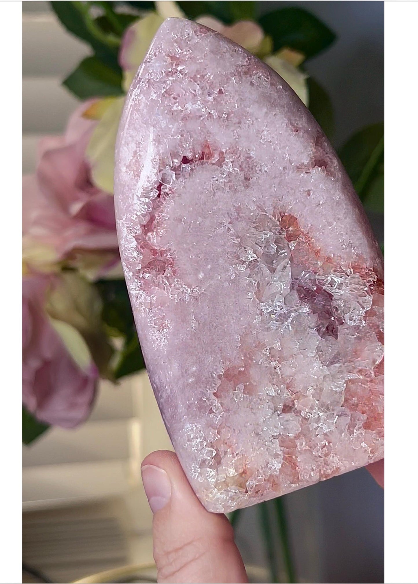 High grade, baby pink amethyst flame with red and purple druzy 315g