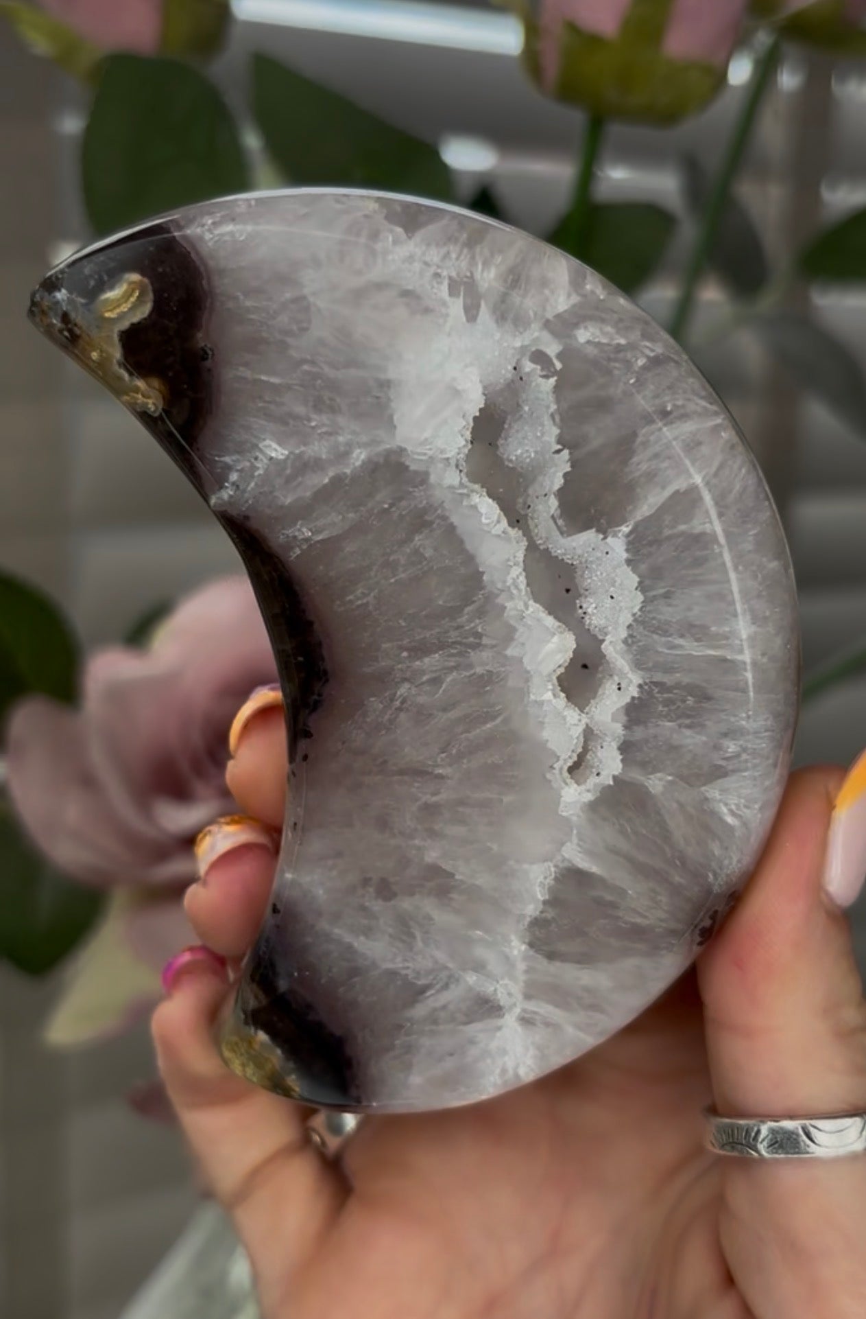 Beautiful, high grade, agate moon with druzy - comes with stand