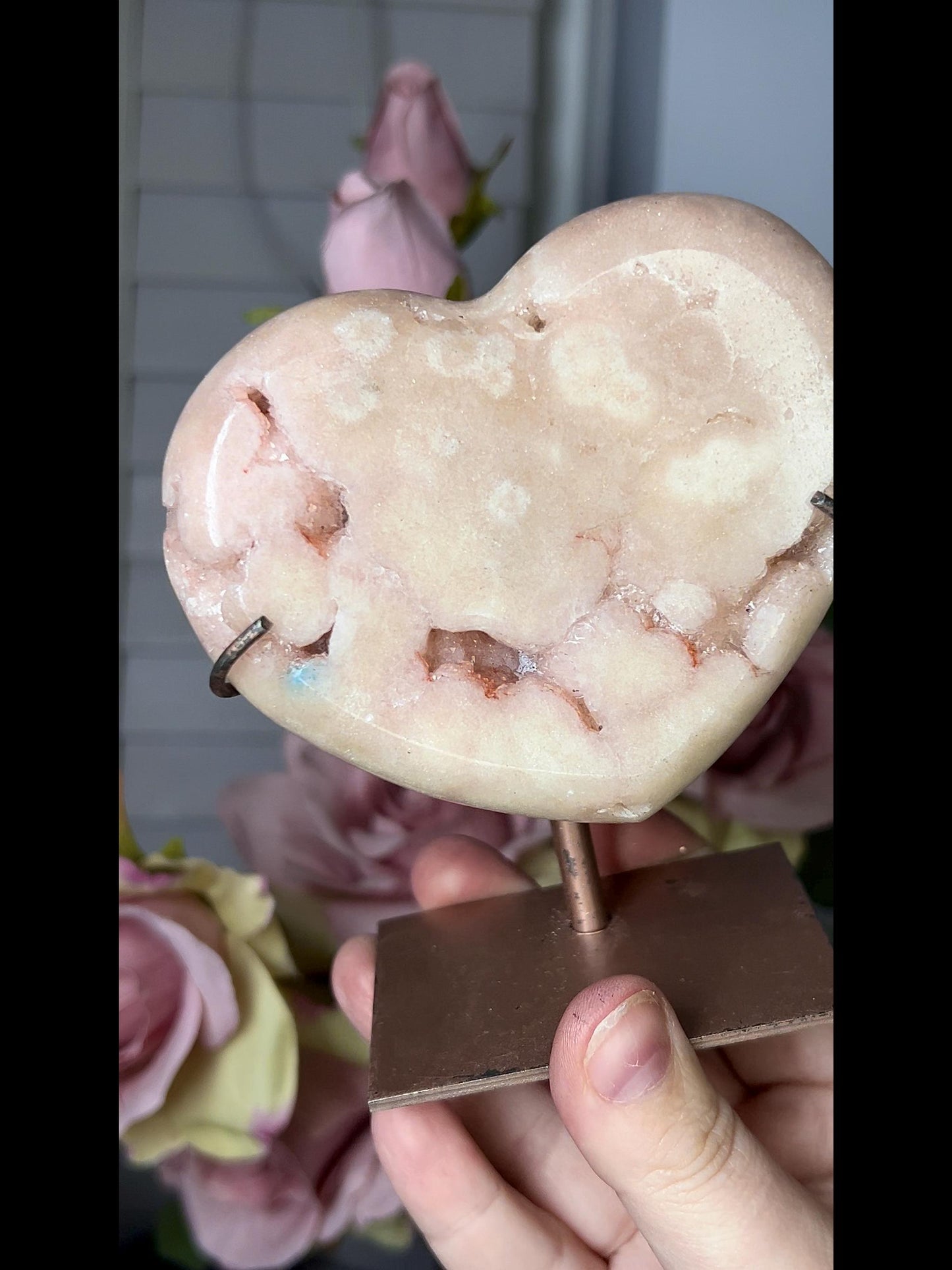 pink amethyst heart comes with stand that is scratched (discount added)