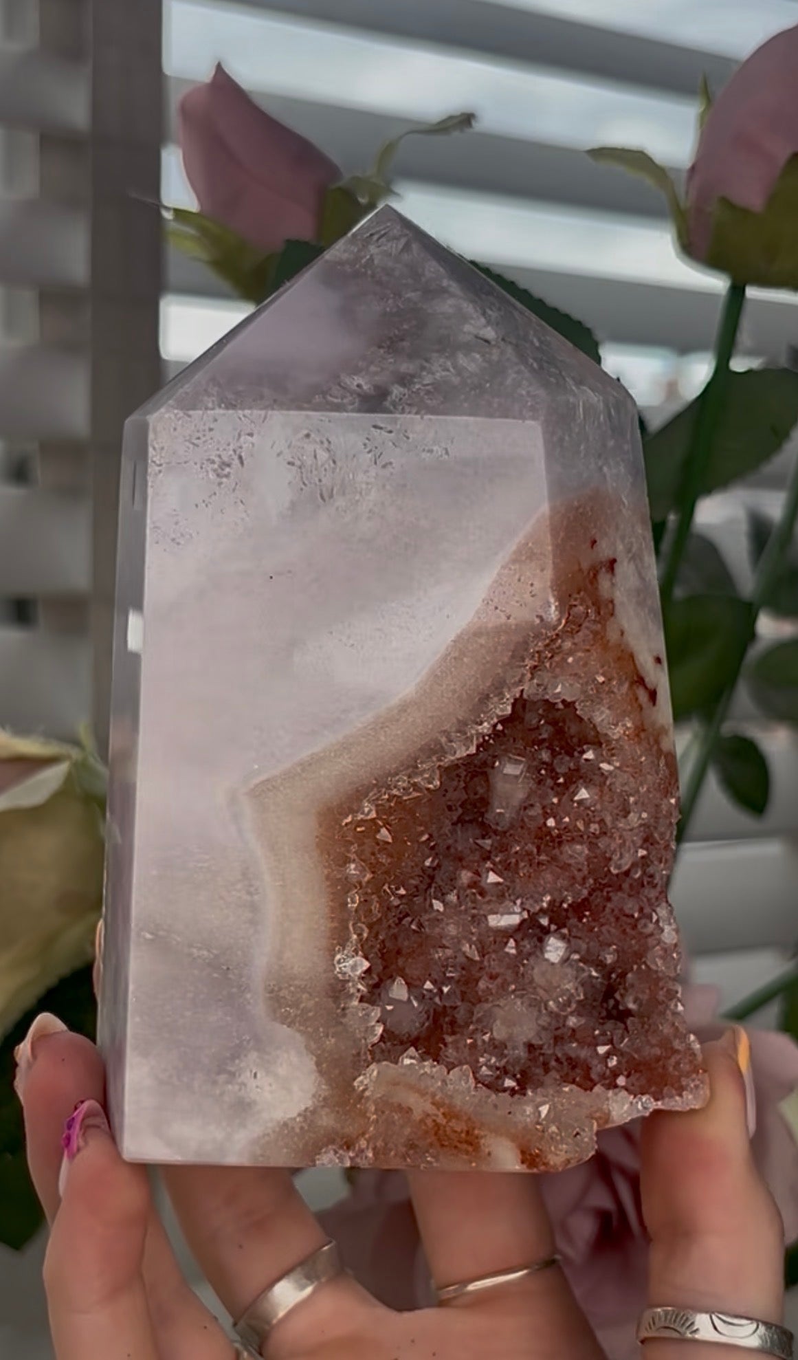 Large, High quality, Pink amethyst tower, with orange druzy