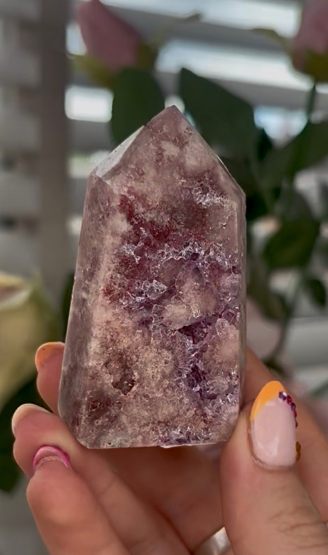 Pretty, high quality, Pink amethyst tower, with lilac quartz druzy