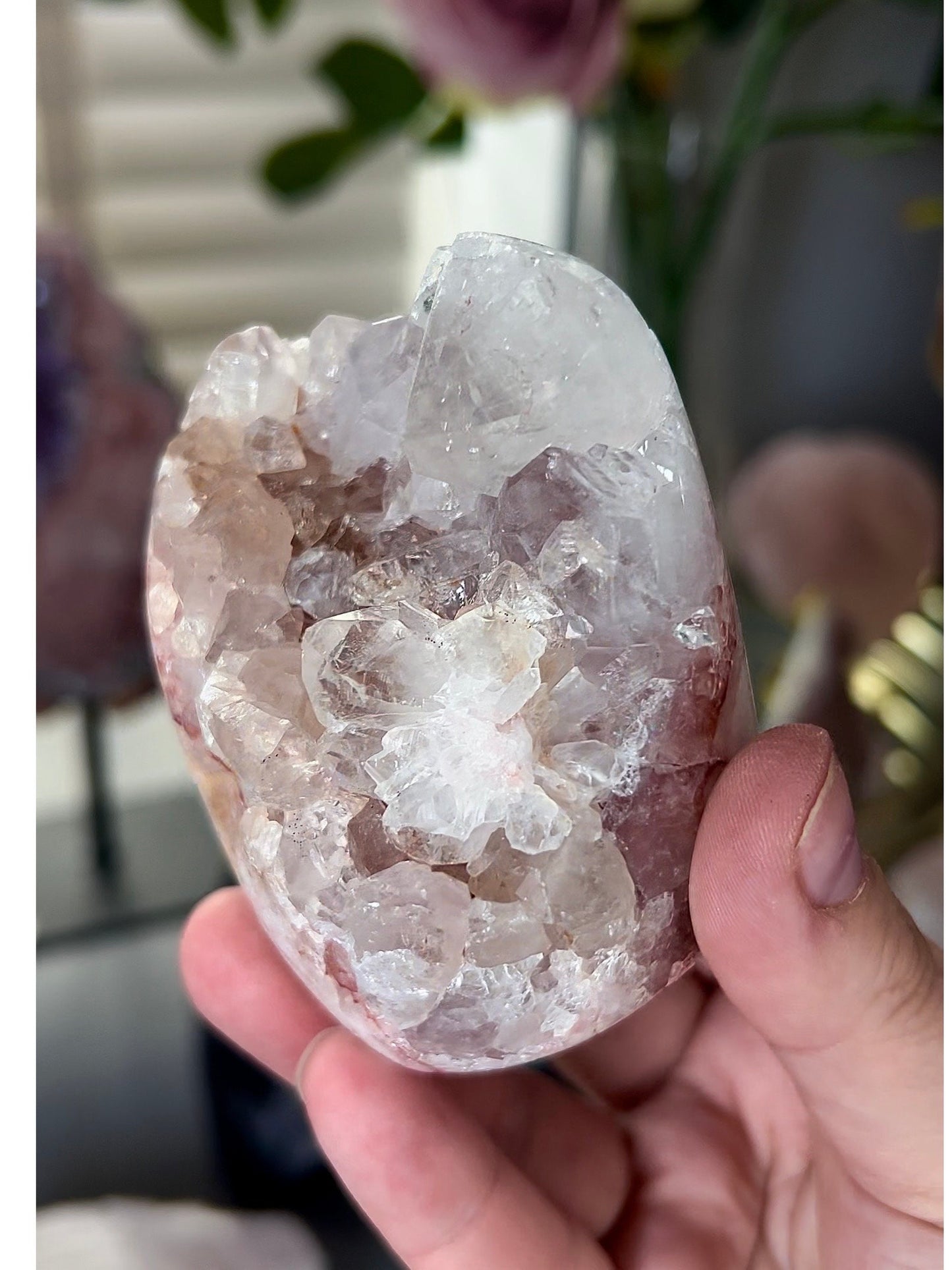 pink amethyst freeform, with hematite banding, and chunky quartz teeth