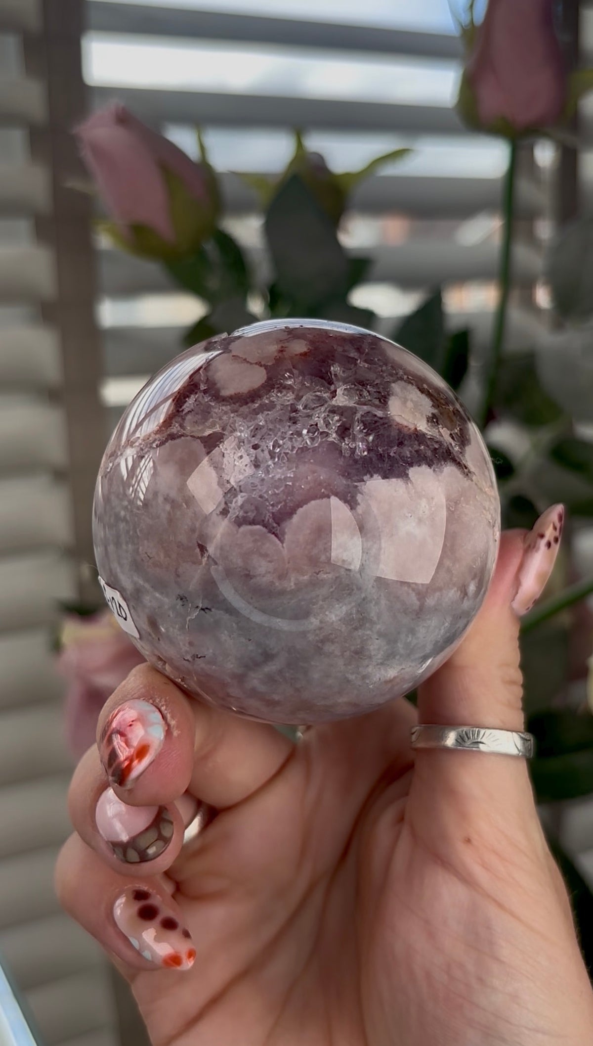 High grade, amethyst Flower agate sphere with high clarity quartz