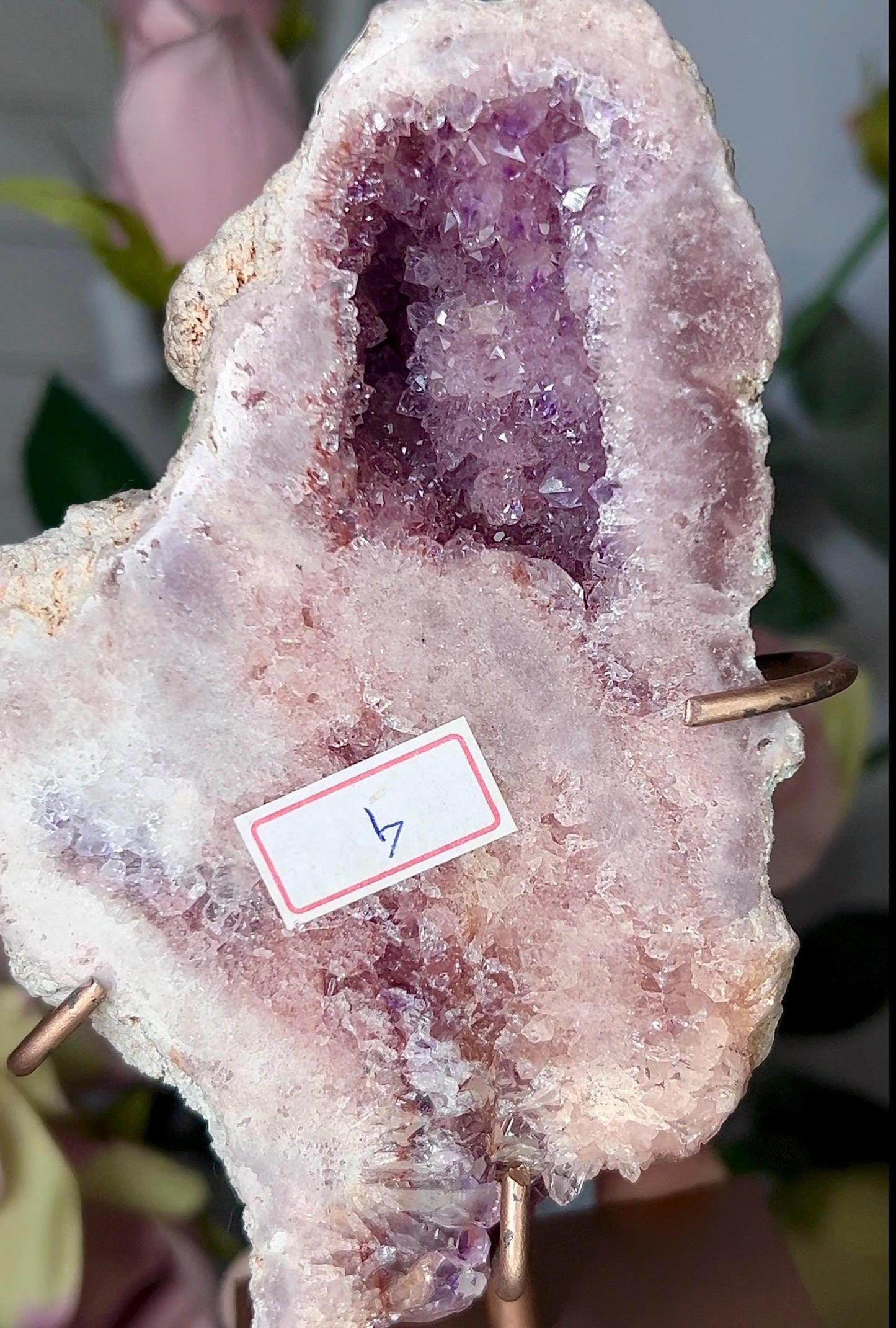High grade, gorgeous, pink amethyst slab with purple druzy on stand