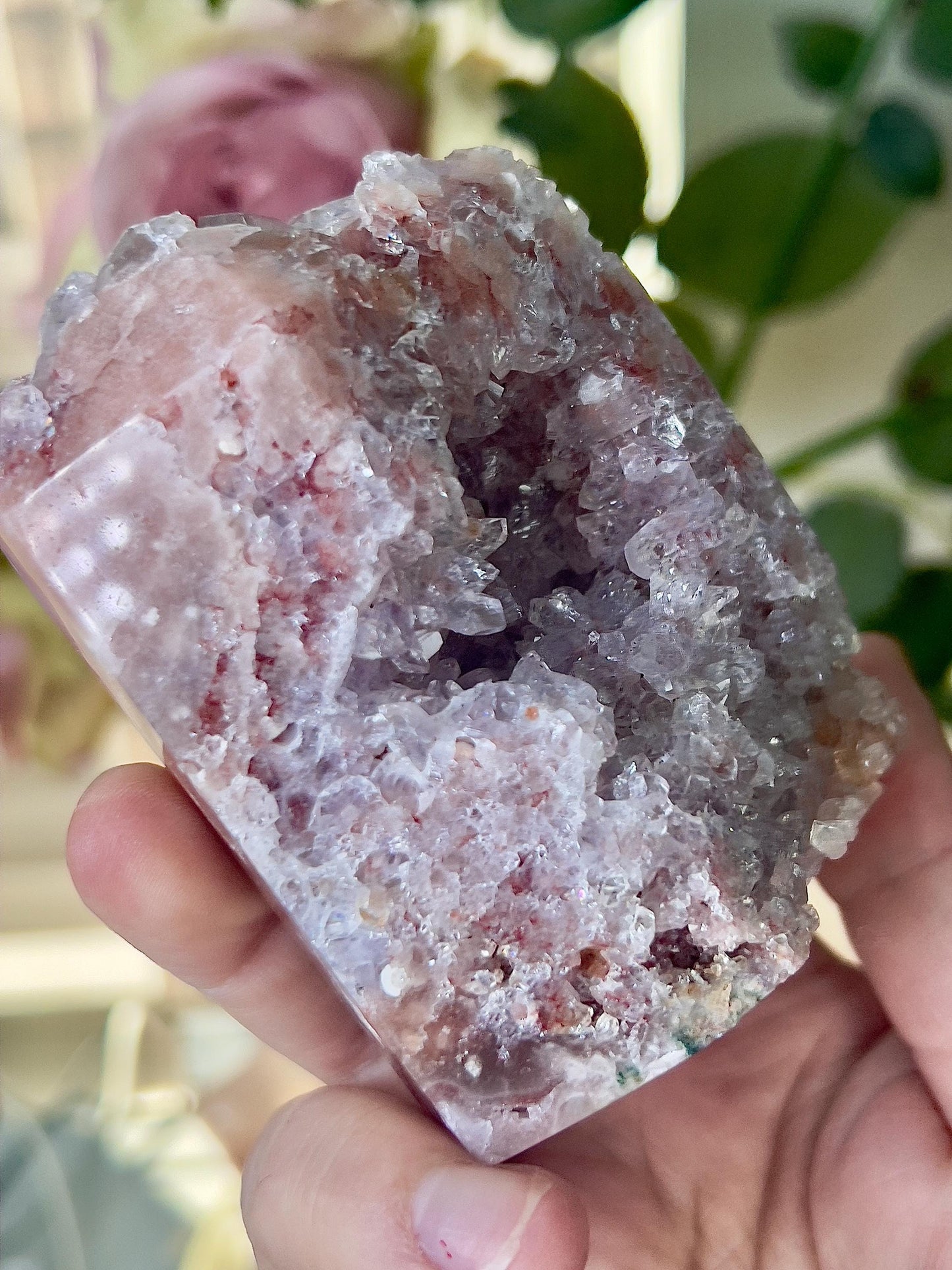 High grade, pink amethyst tower with high grade quartz druzy 370g