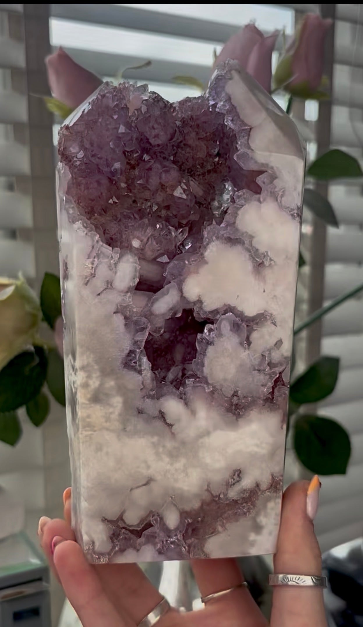 Huge, High quality, Pink amethyst tower, with purple quartz druzy