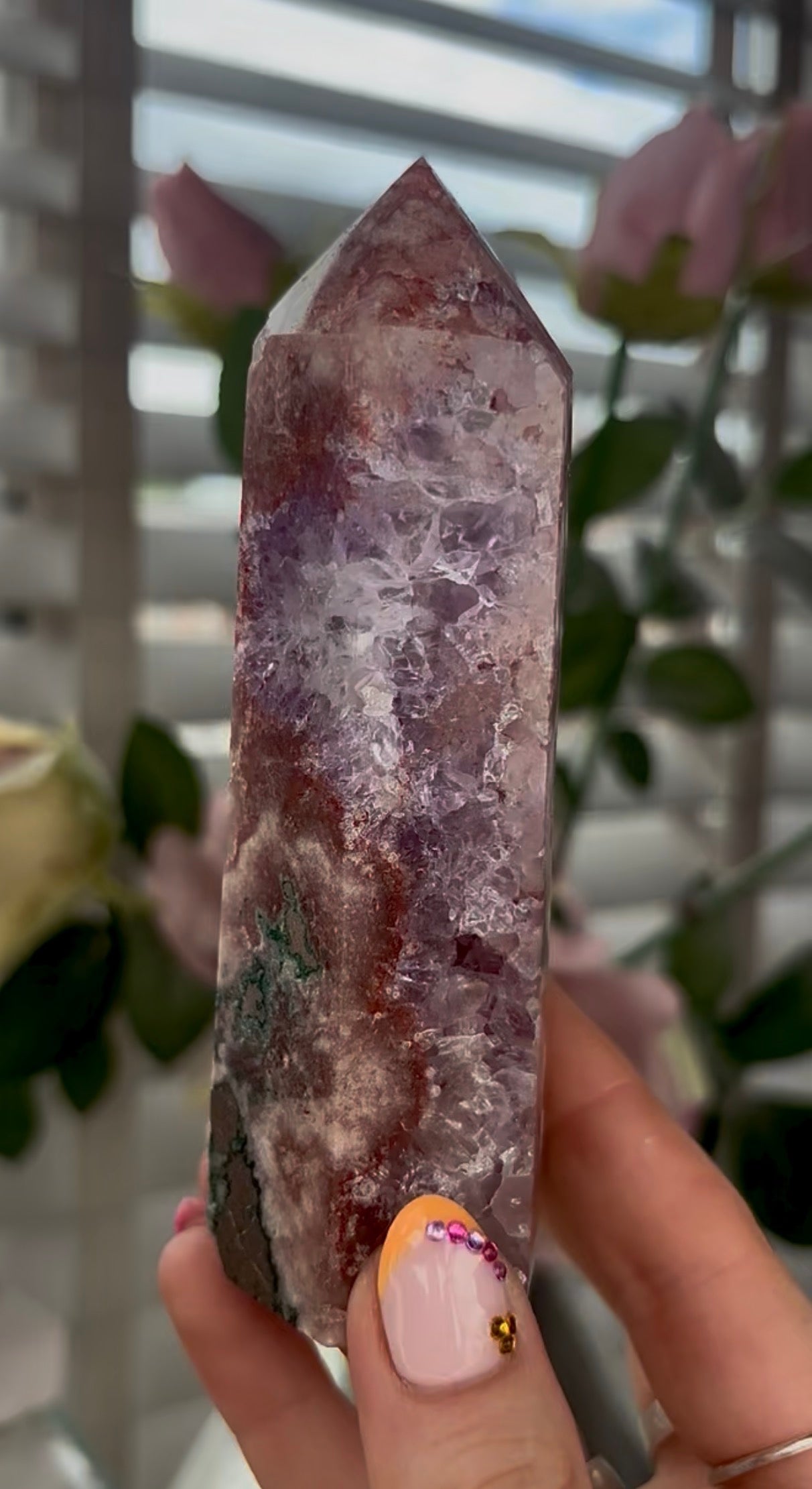Pretty, Pink amethyst tower with quartz & Green jasper