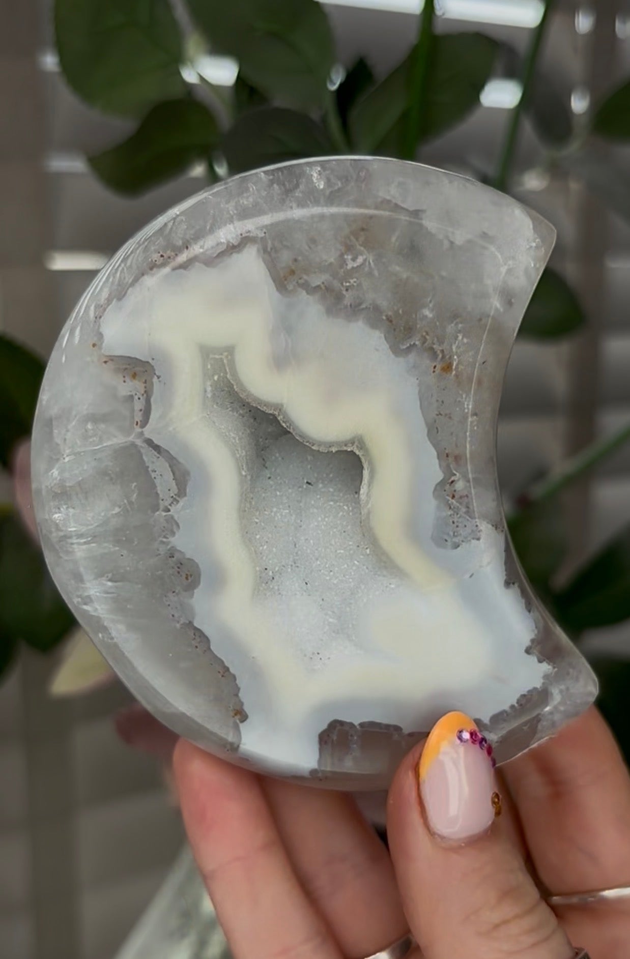Beautiful, high grade, agate moon with druzy - comes with stand
