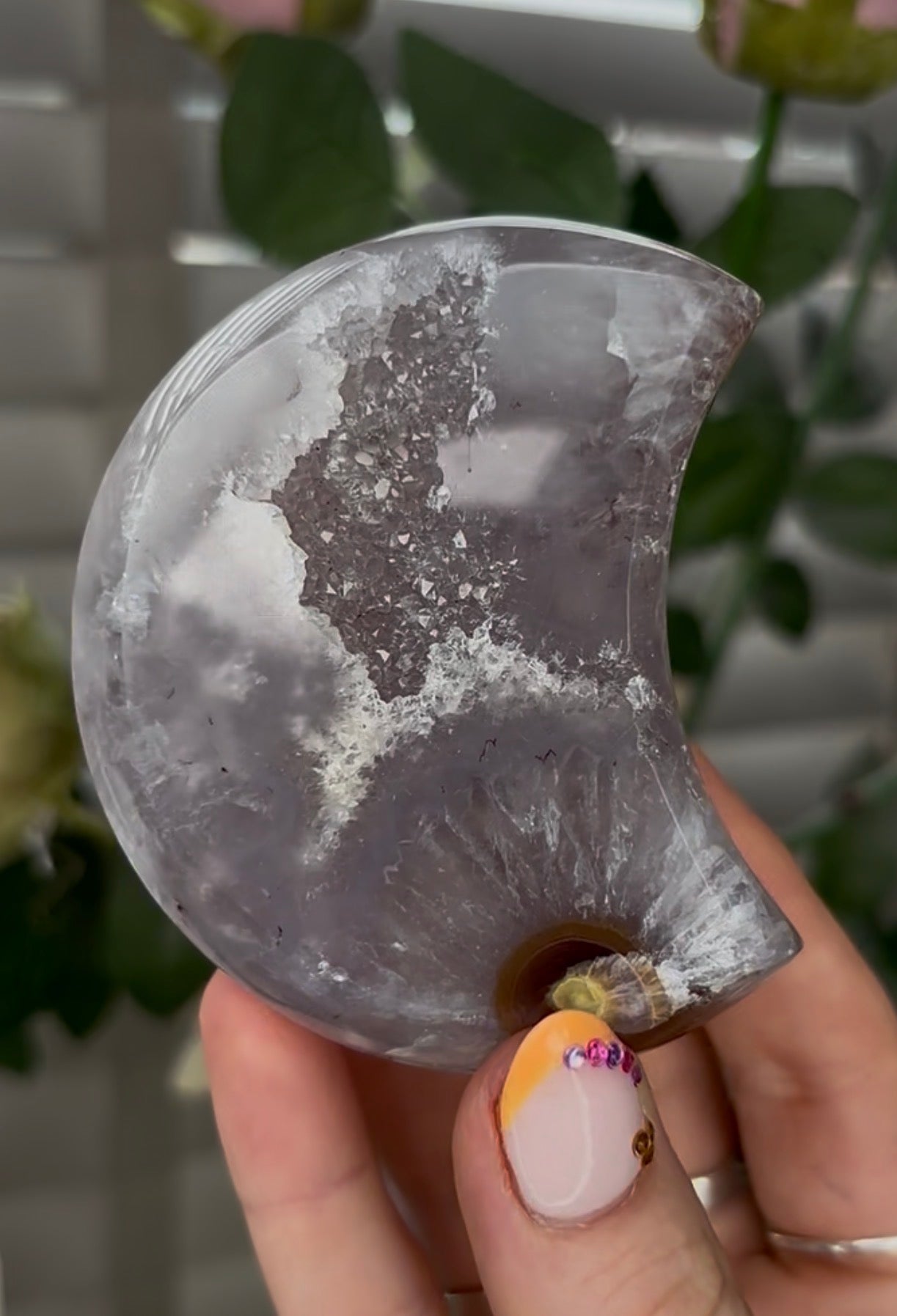 Beautiful, high grade, agate moon with druzy - comes with stand
