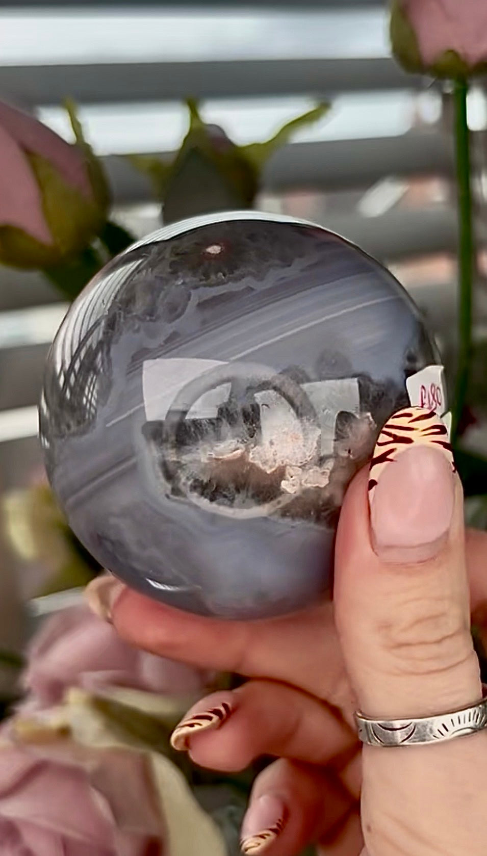 Stunning!! Super high quality, Druzy, green chlorite x blue flower agate sphere