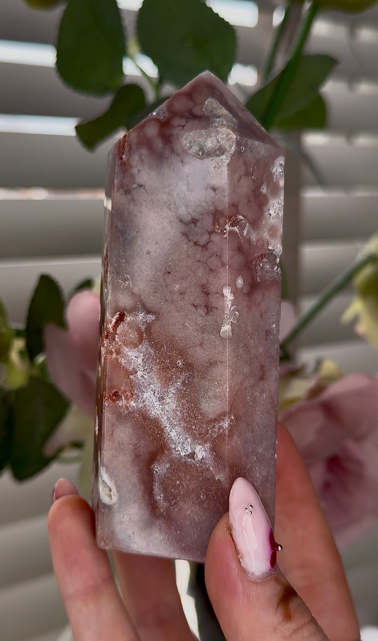 Pink amethyst tower with quartz 17cm by 5cm