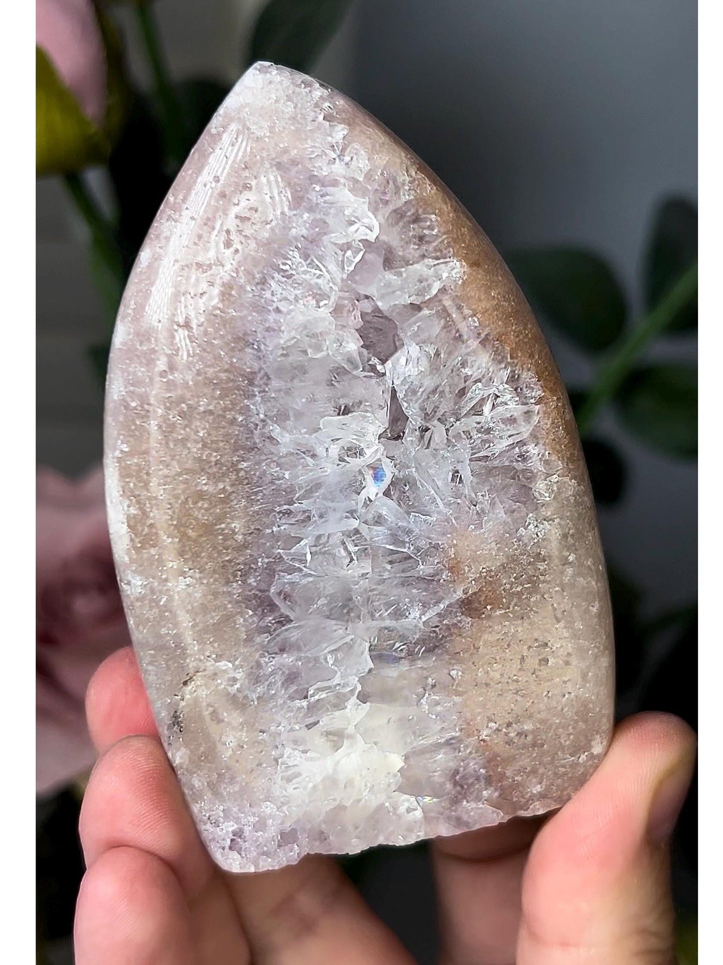 High grade, pink amethyst flame with rainbow quartz