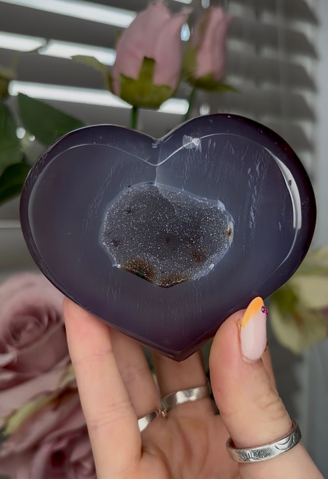 Beautiful, high grade, blue agate heart with druzy - comes with stand