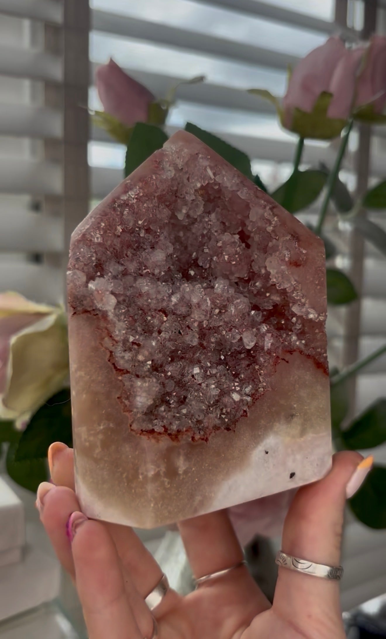 Pretty, high grade, Pink amethyst tower with gorgeous Druzy in burnt orange tones