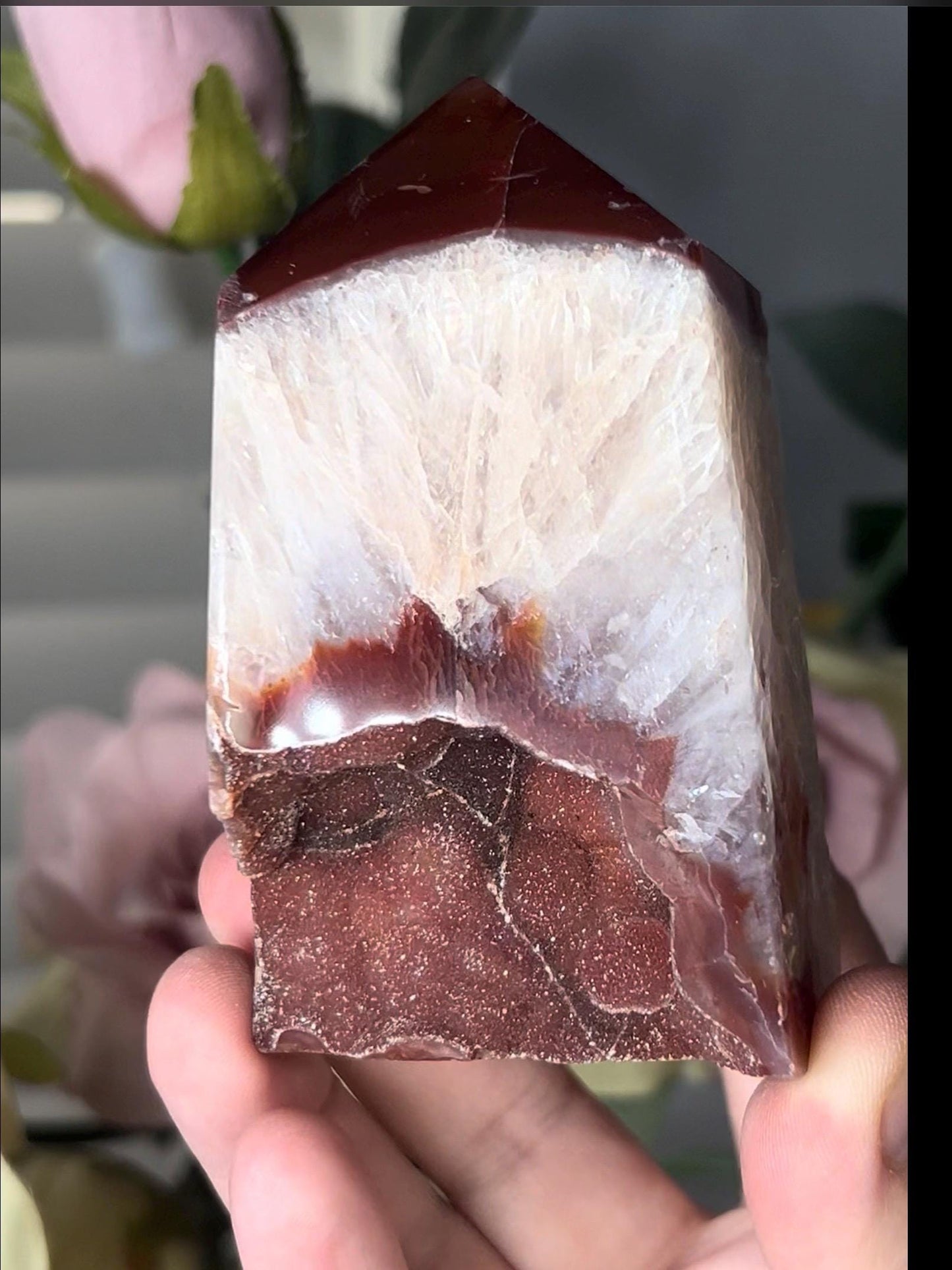 Extra quality, chinky red agate, carnelian tower with quartz & sugar druzy - stands perfectly