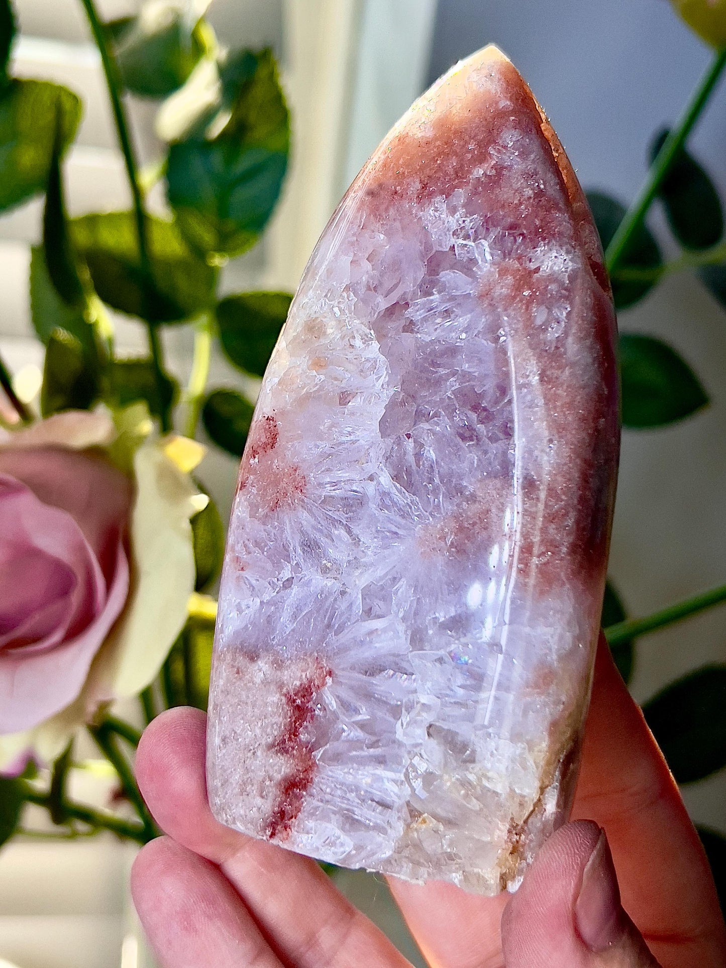 High grade, pink amethyst flame with a red tone and quartz druzy