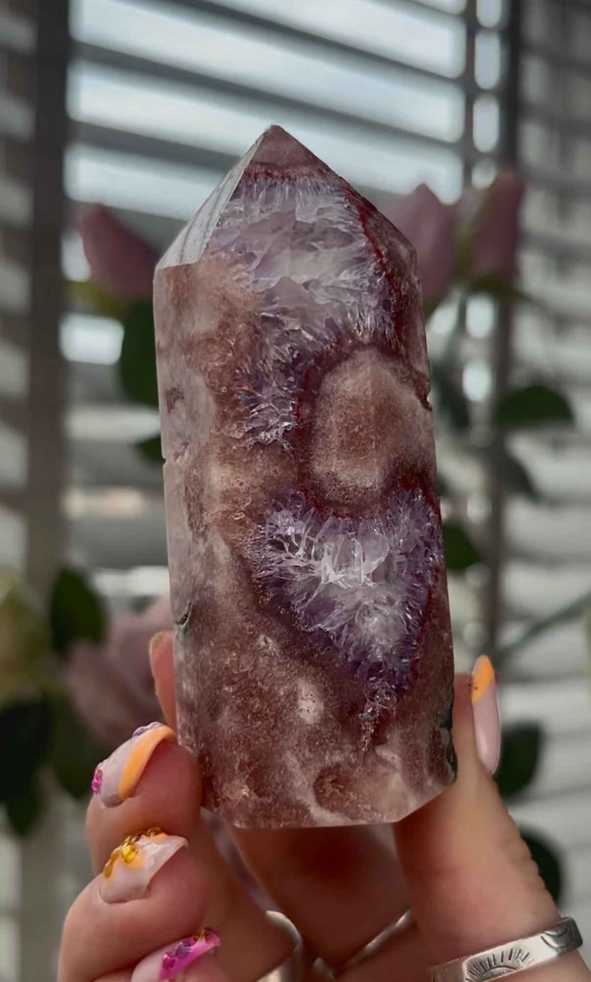 High quality, Pink amethyst tower, with quartz & Green jasper