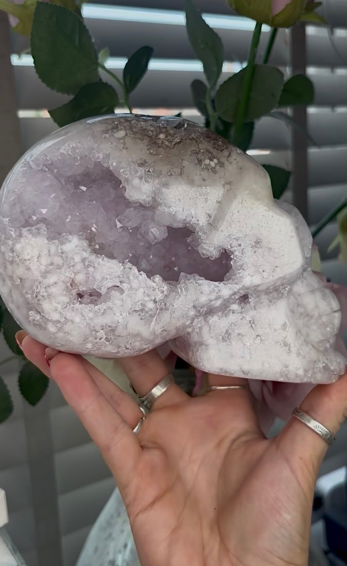 High grade, pink amethyst skull carving with chunky druzy