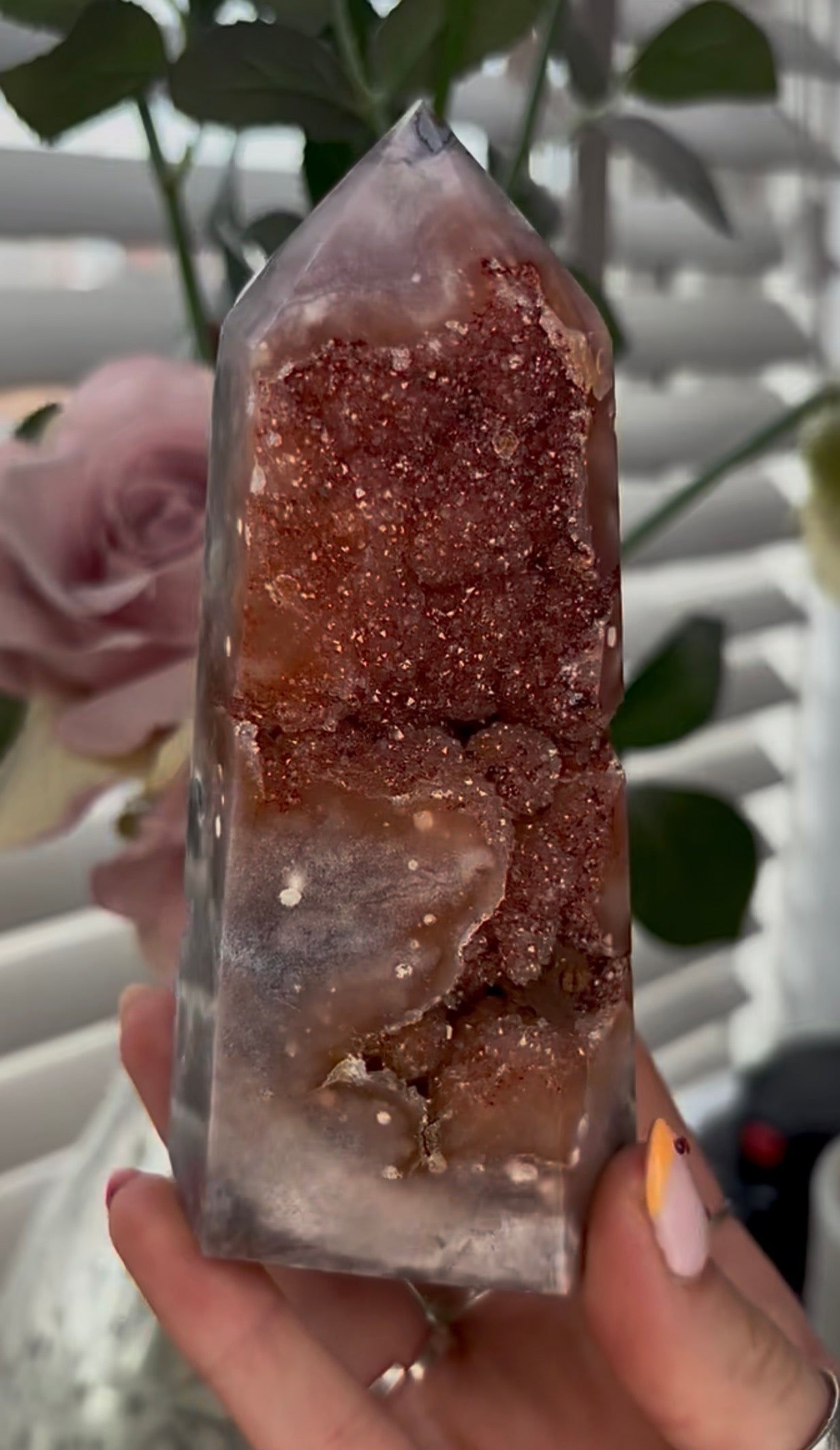 Beautiful, large, high quality, Pink amethyst tower with burnt orange/red druzy