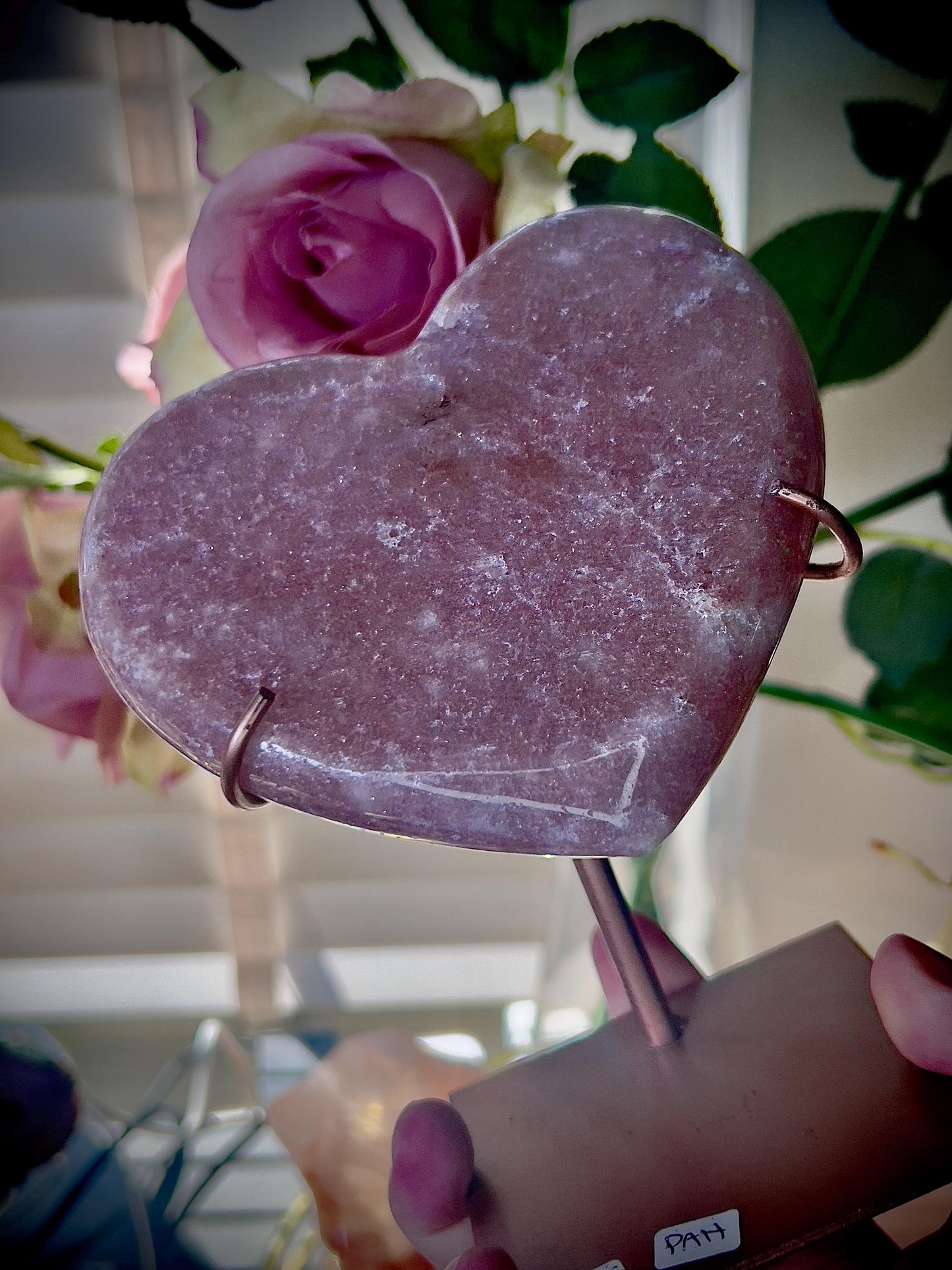 Deep Pink amethyst heart on custom stand - which has scratches (discount added) can easily be repainted