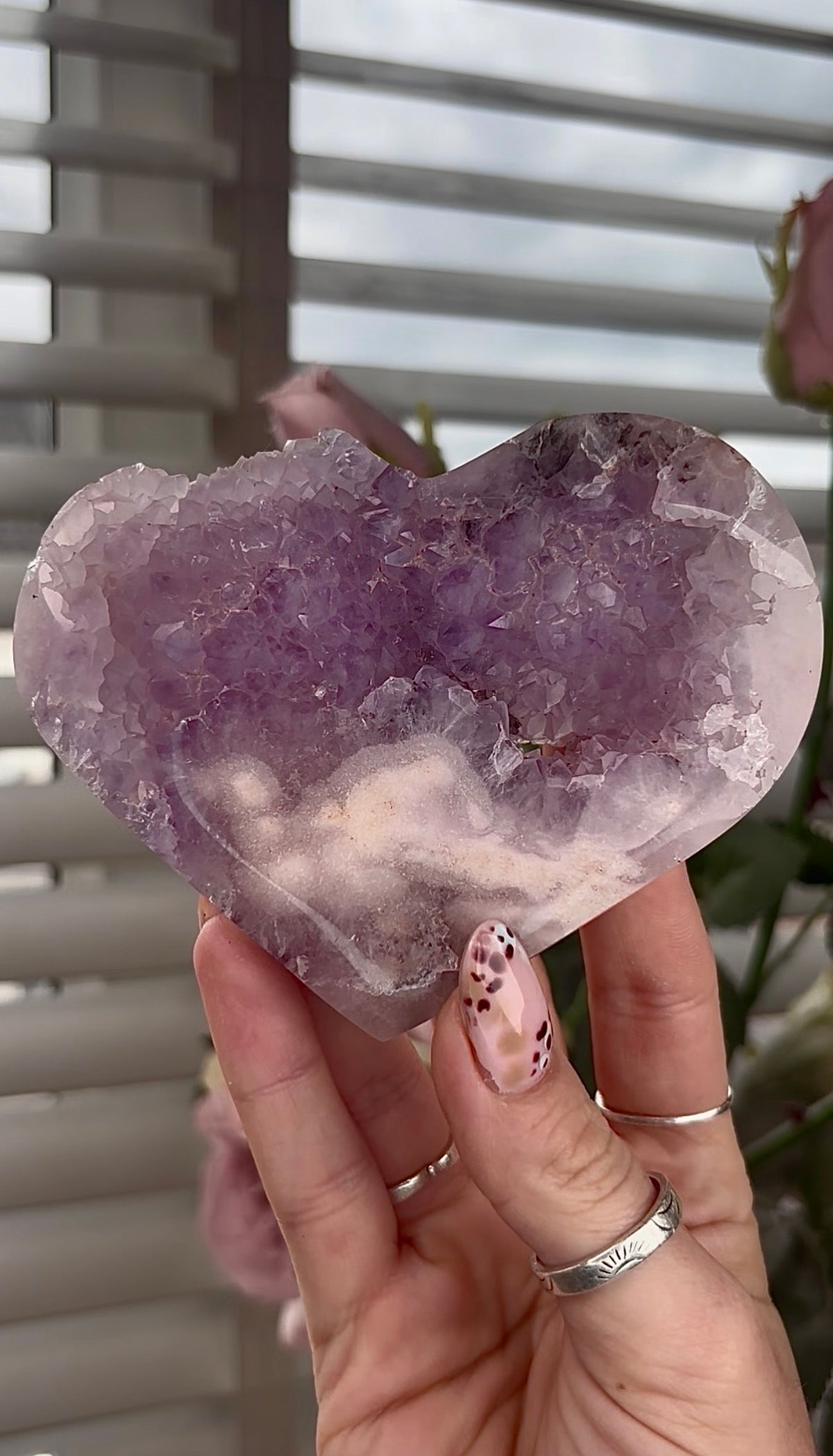 High grade, amethyst Flower agate heart with high clarity quartz